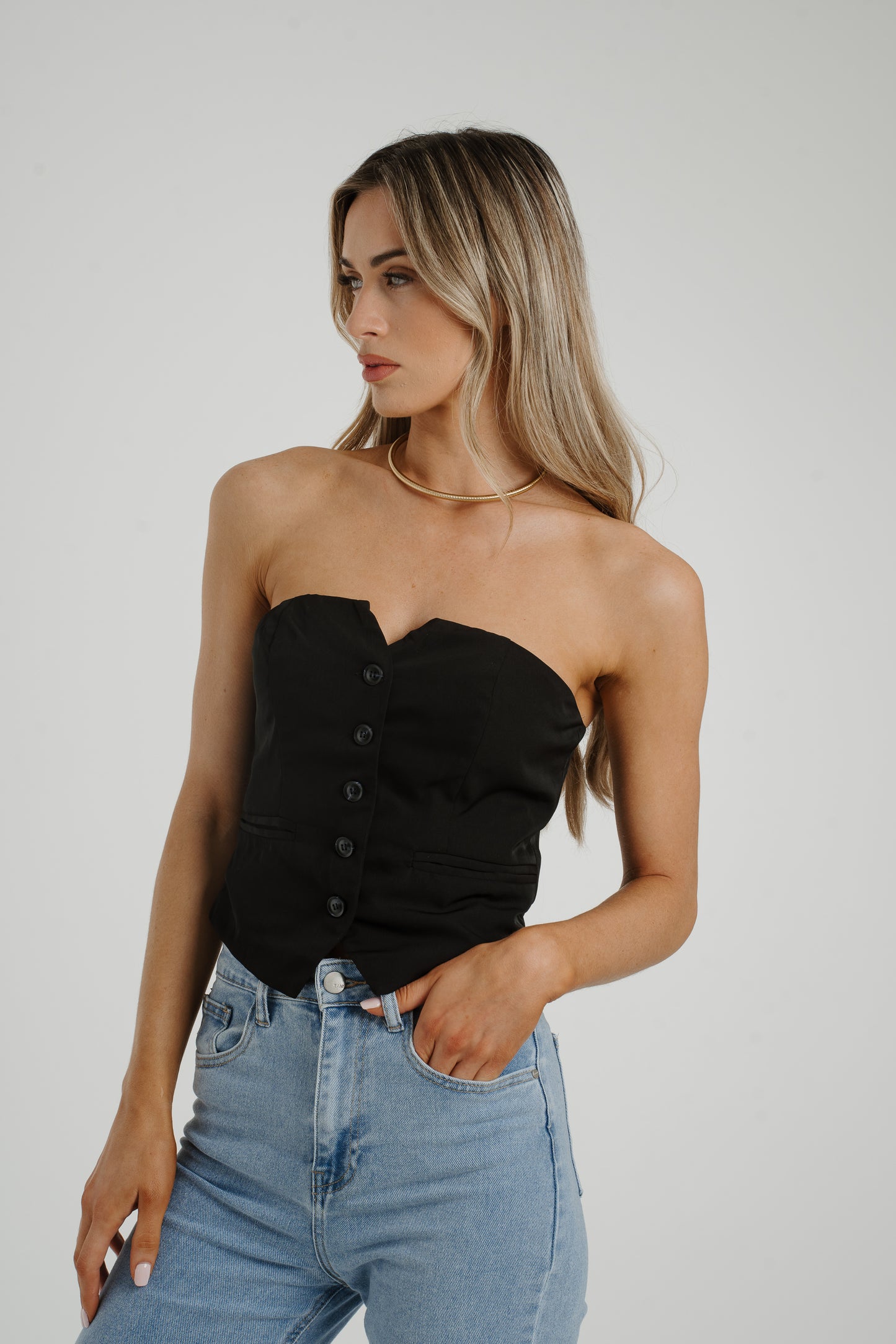 Elsa Button Front Strapless Top In Black