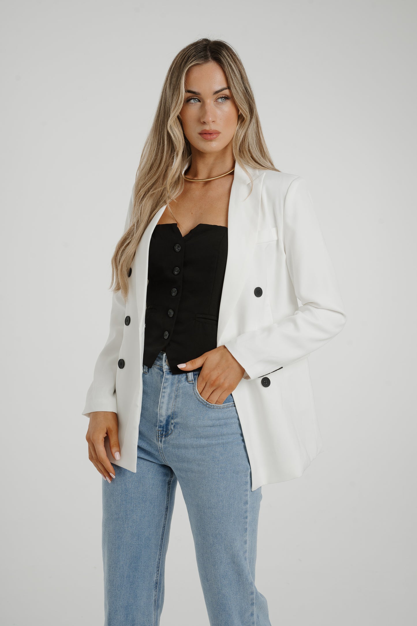 Caitlyn Black Button Blazer In White