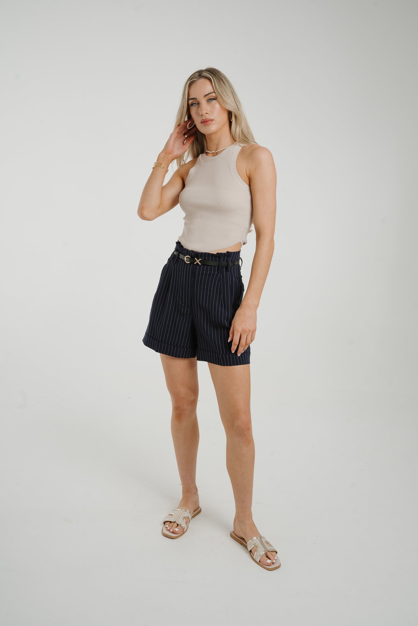 Maria Belted Pinstripe Shorts In Navy