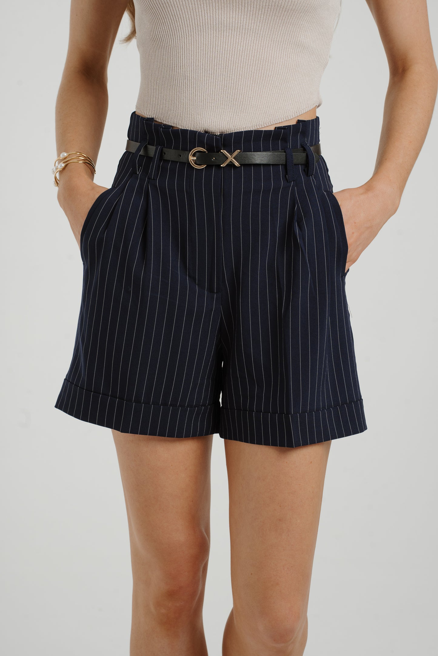 Maria Belted Pinstripe Shorts In Navy