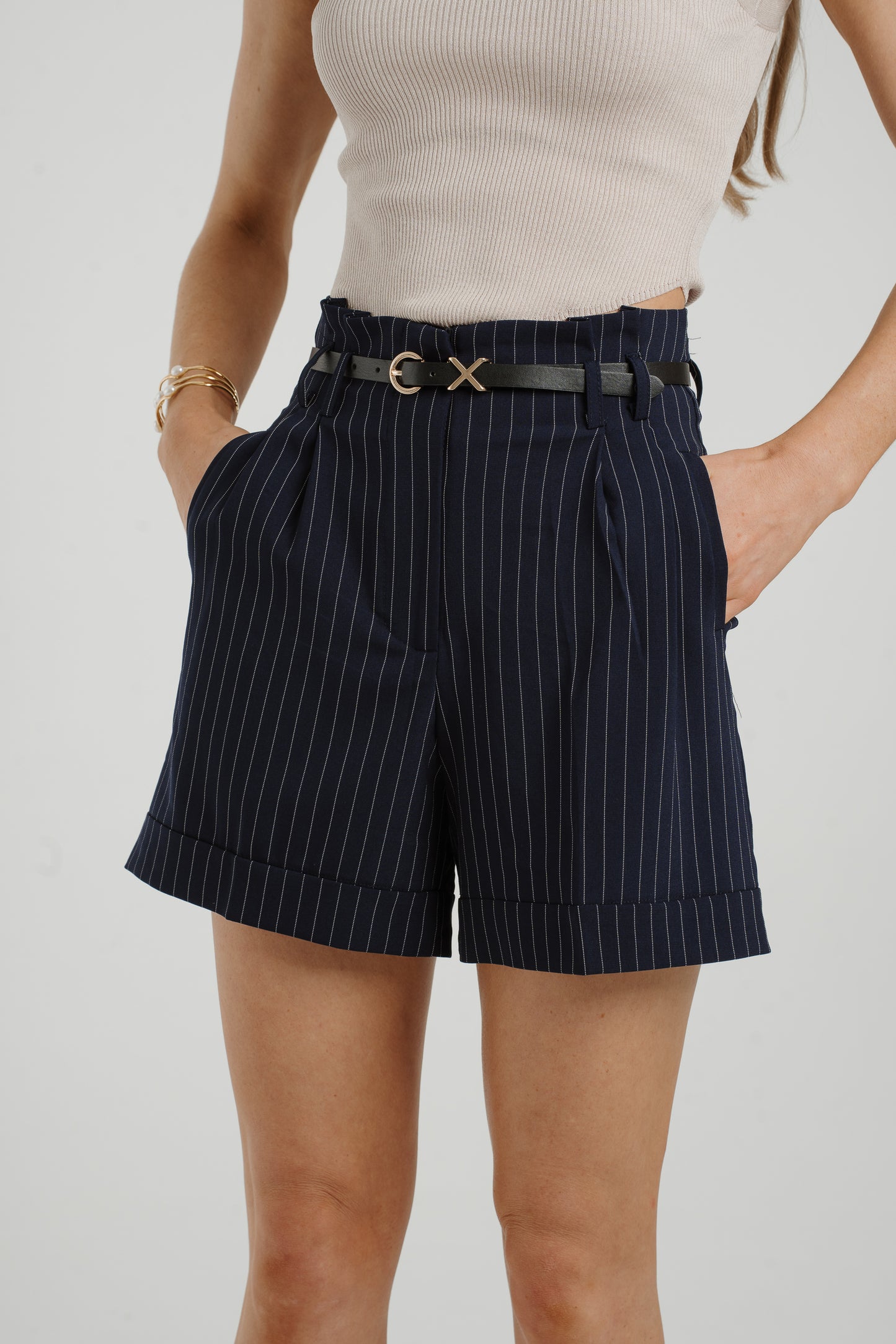 Maria Belted Pinstripe Shorts In Navy