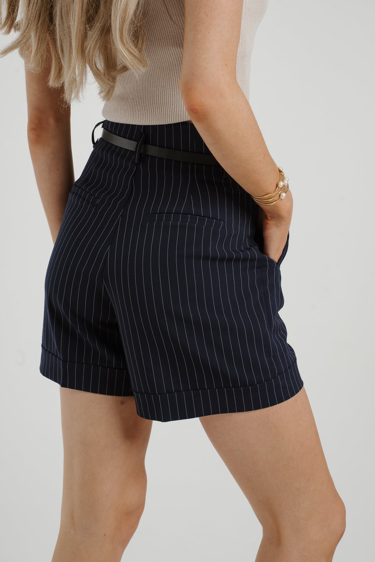 Maria Belted Pinstripe Shorts In Navy