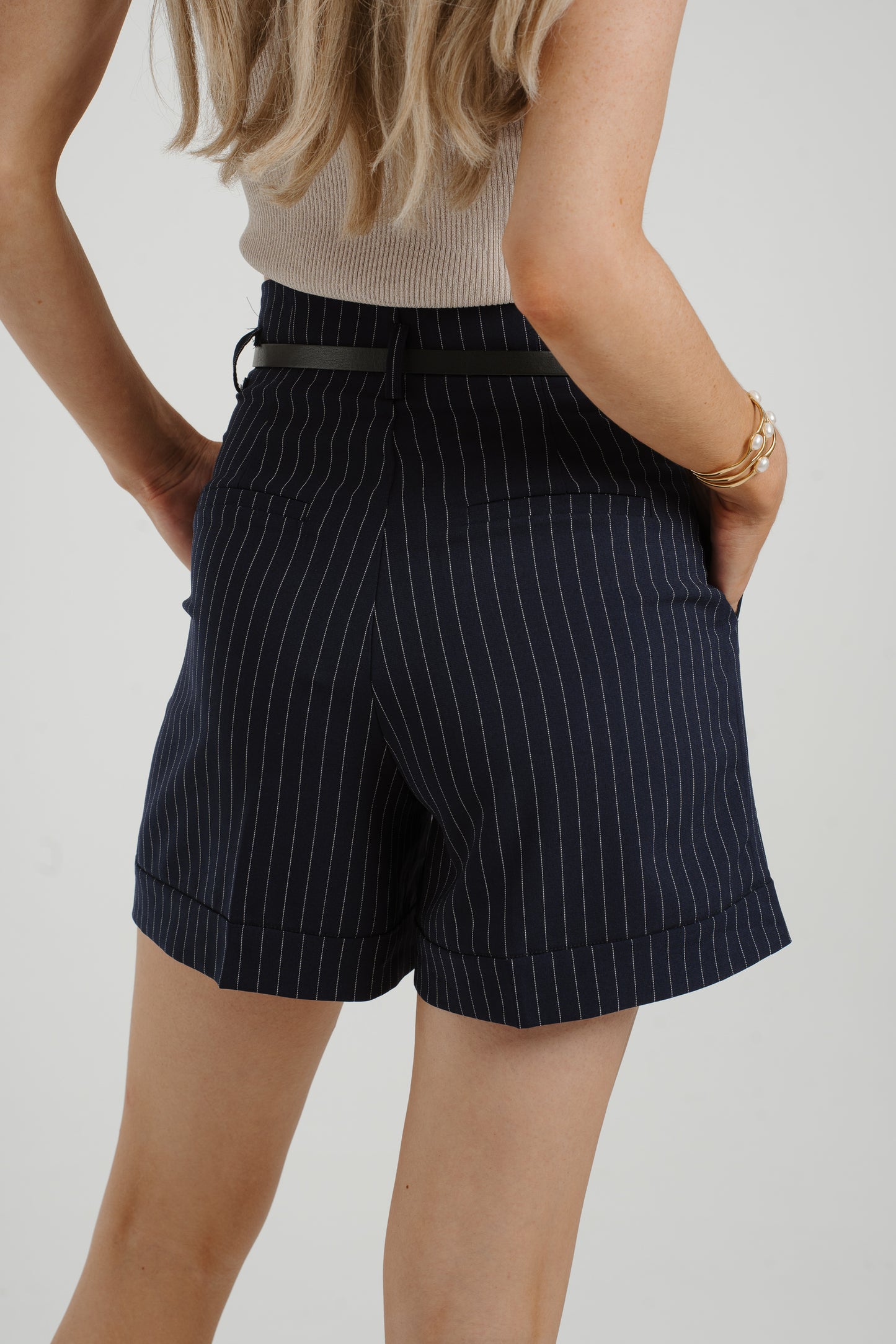 Maria Belted Pinstripe Shorts In Navy