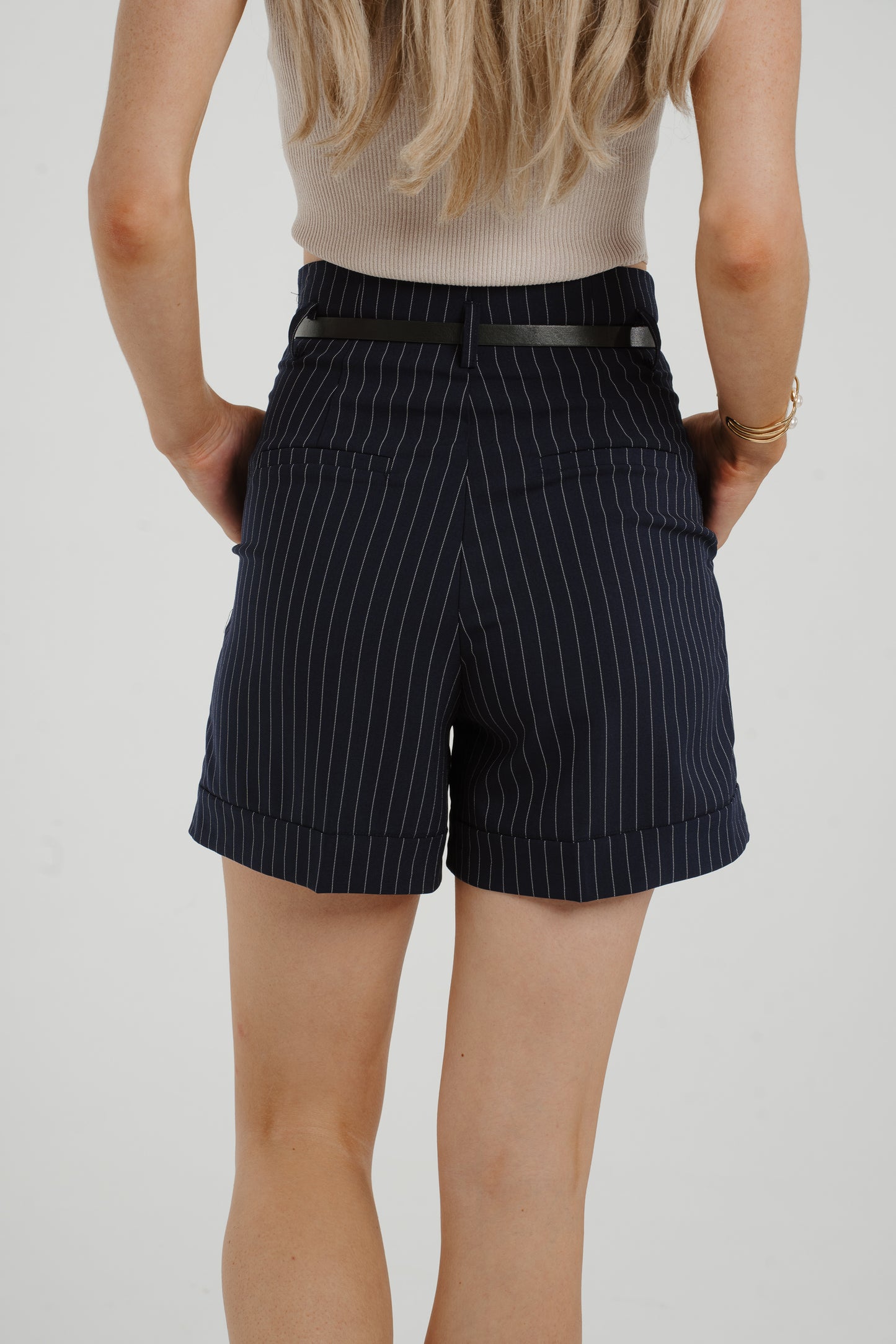 Maria Belted Pinstripe Shorts In Navy