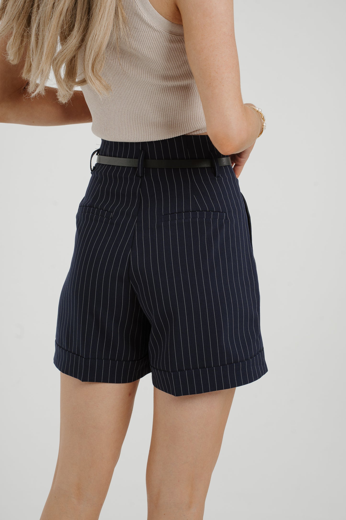 Maria Belted Pinstripe Shorts In Navy