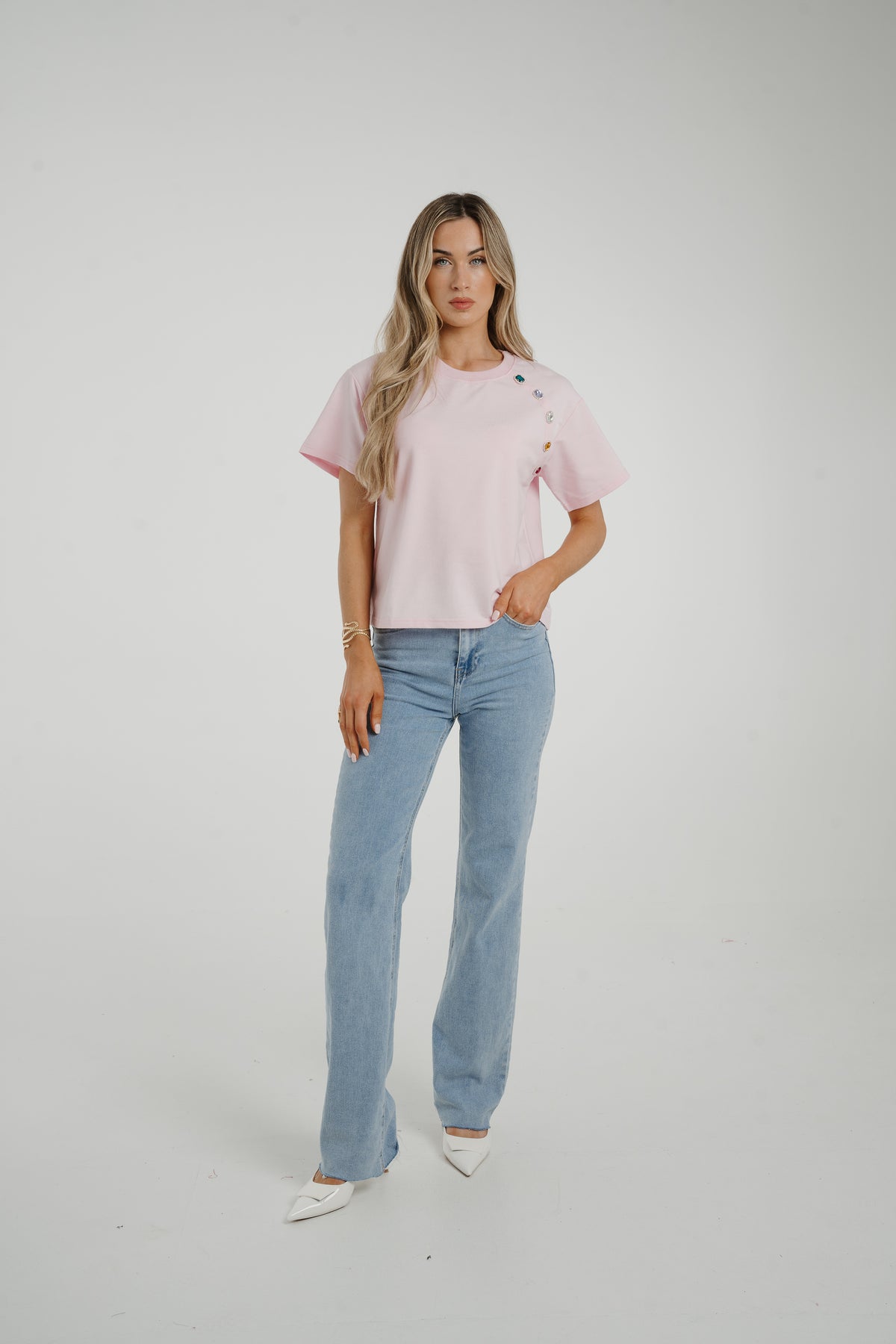 Millie Button Shoulder T-Shirt In Pink