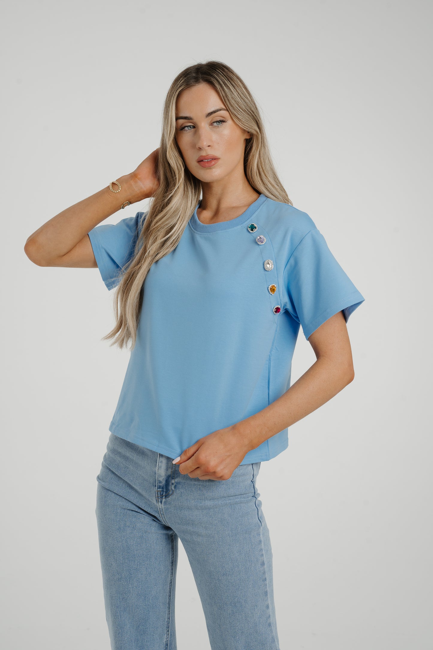 Millie Button Shoulder T-Shirt In Blue