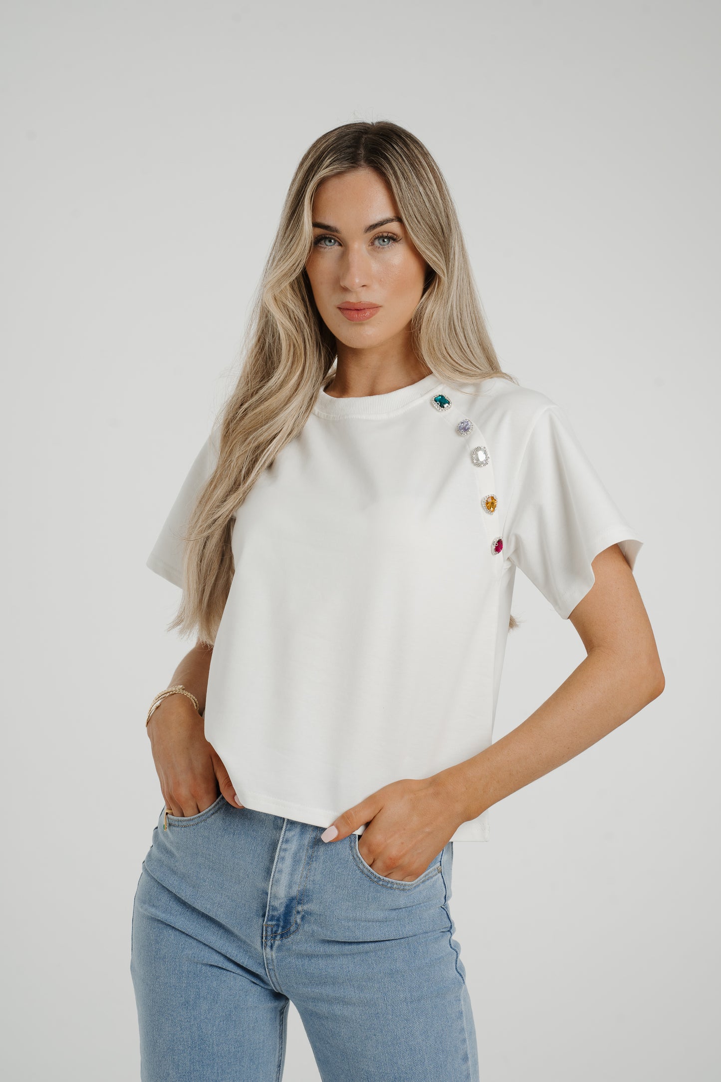 Millie Button Shoulder T-Shirt In White