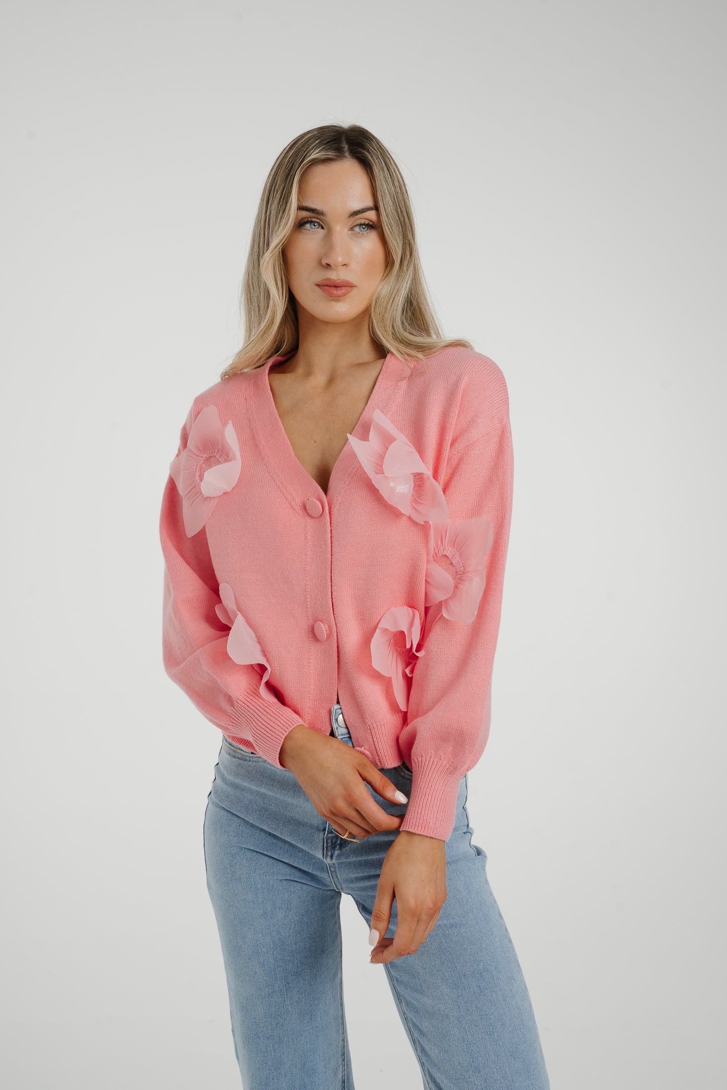 Polly Embellished Floral Cardigan In Coral
