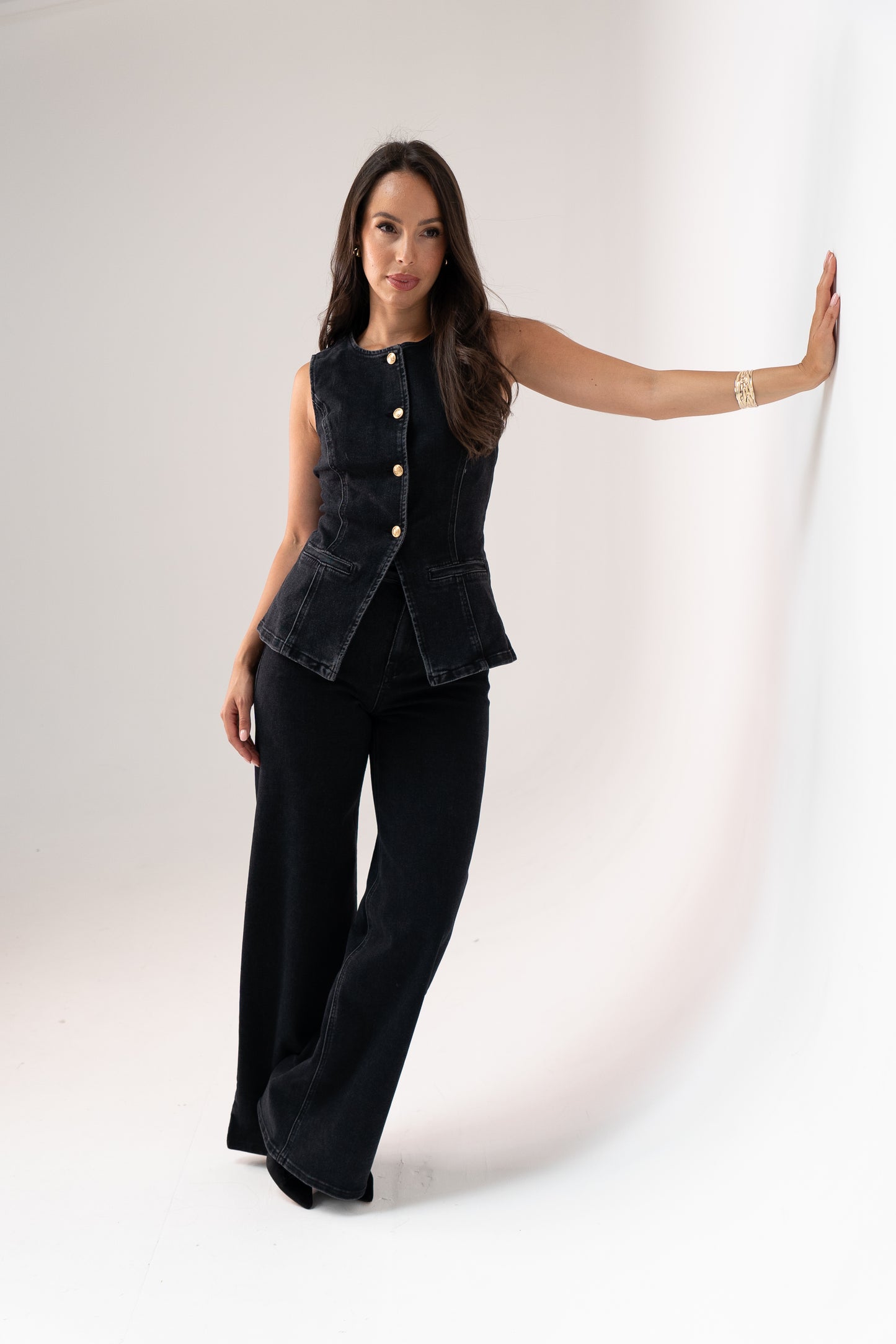 Love Laura Denim Waistcoat In Black Wash