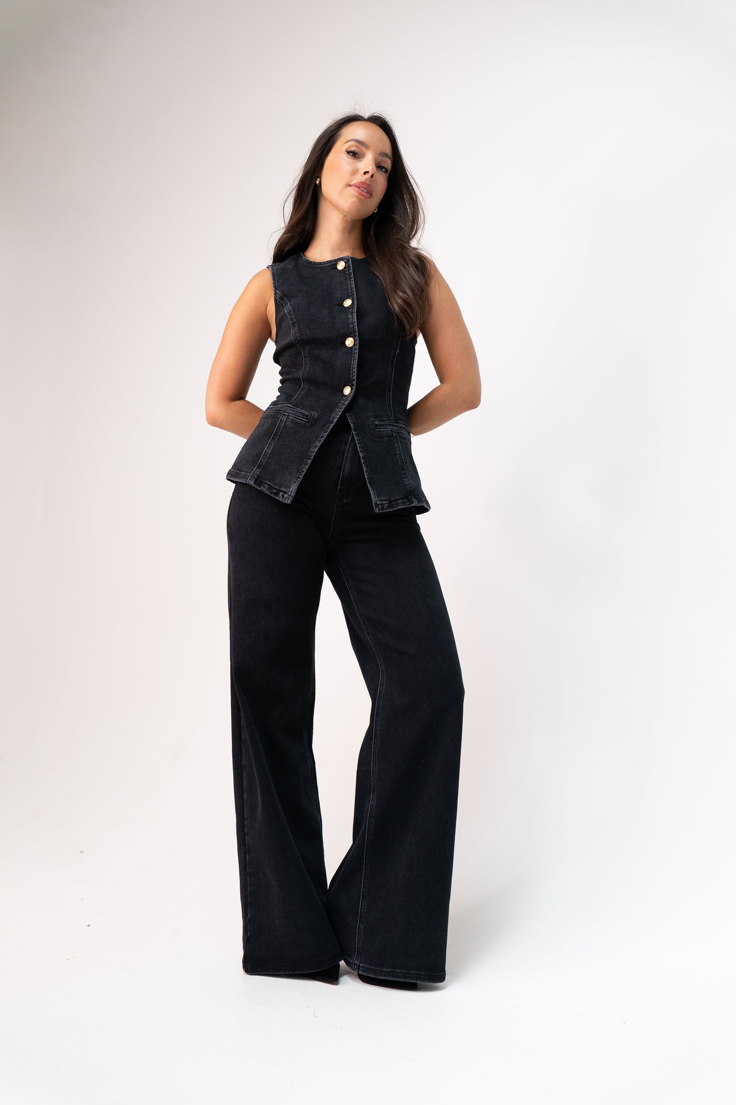 Love Laura Denim Waistcoat In Black Wash