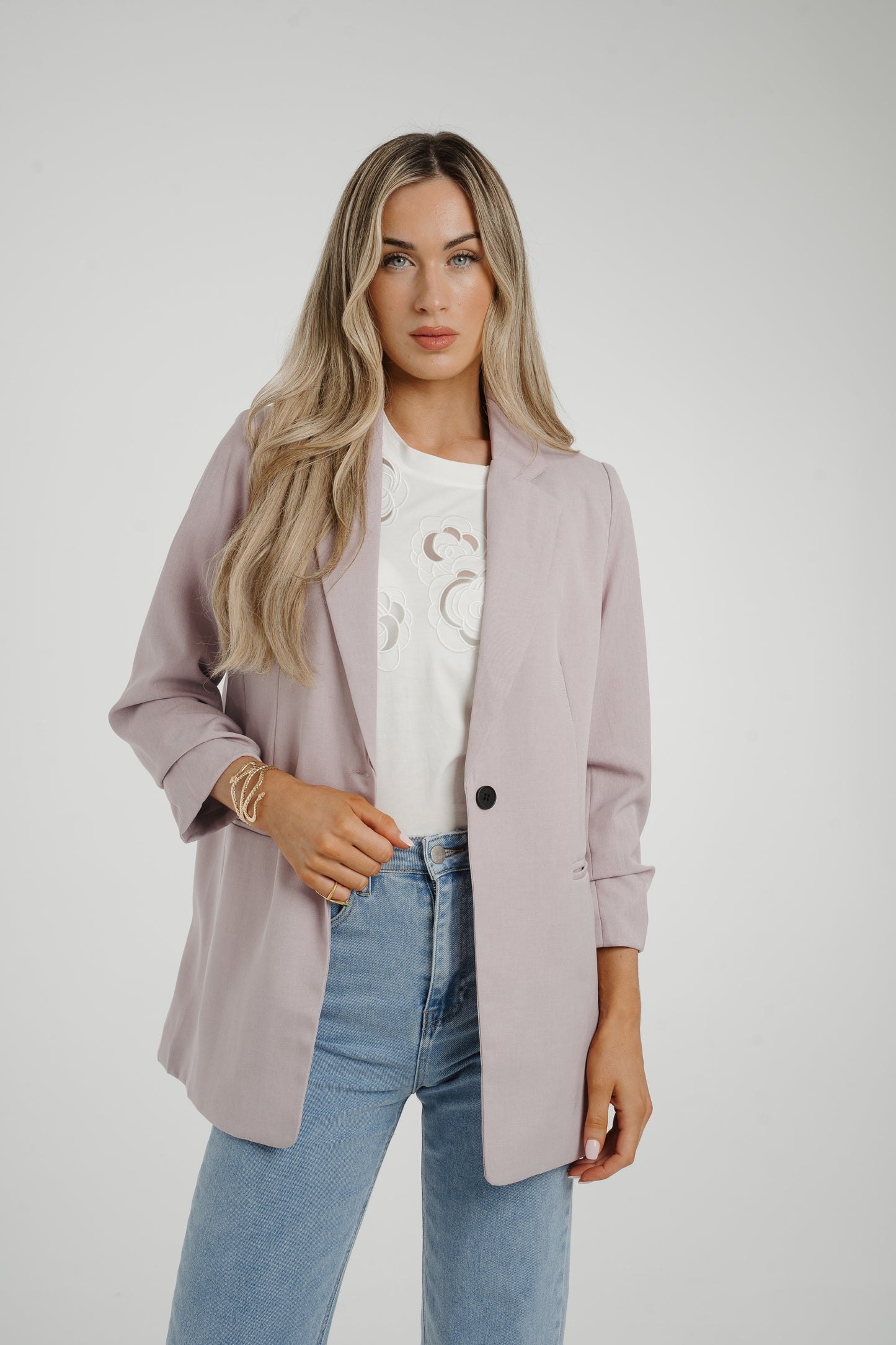 Caitlyn Ruched Sleeve One Button Blazer In Lilac