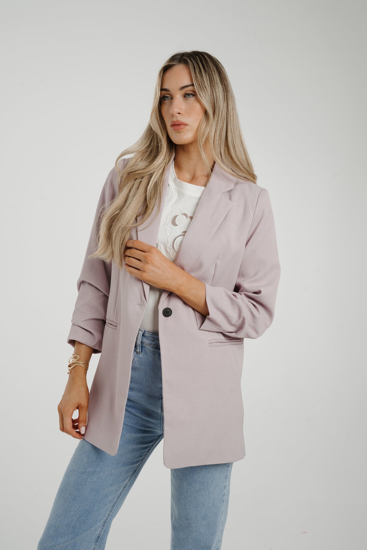 Caitlyn Ruched Sleeve One Button Blazer In Lilac