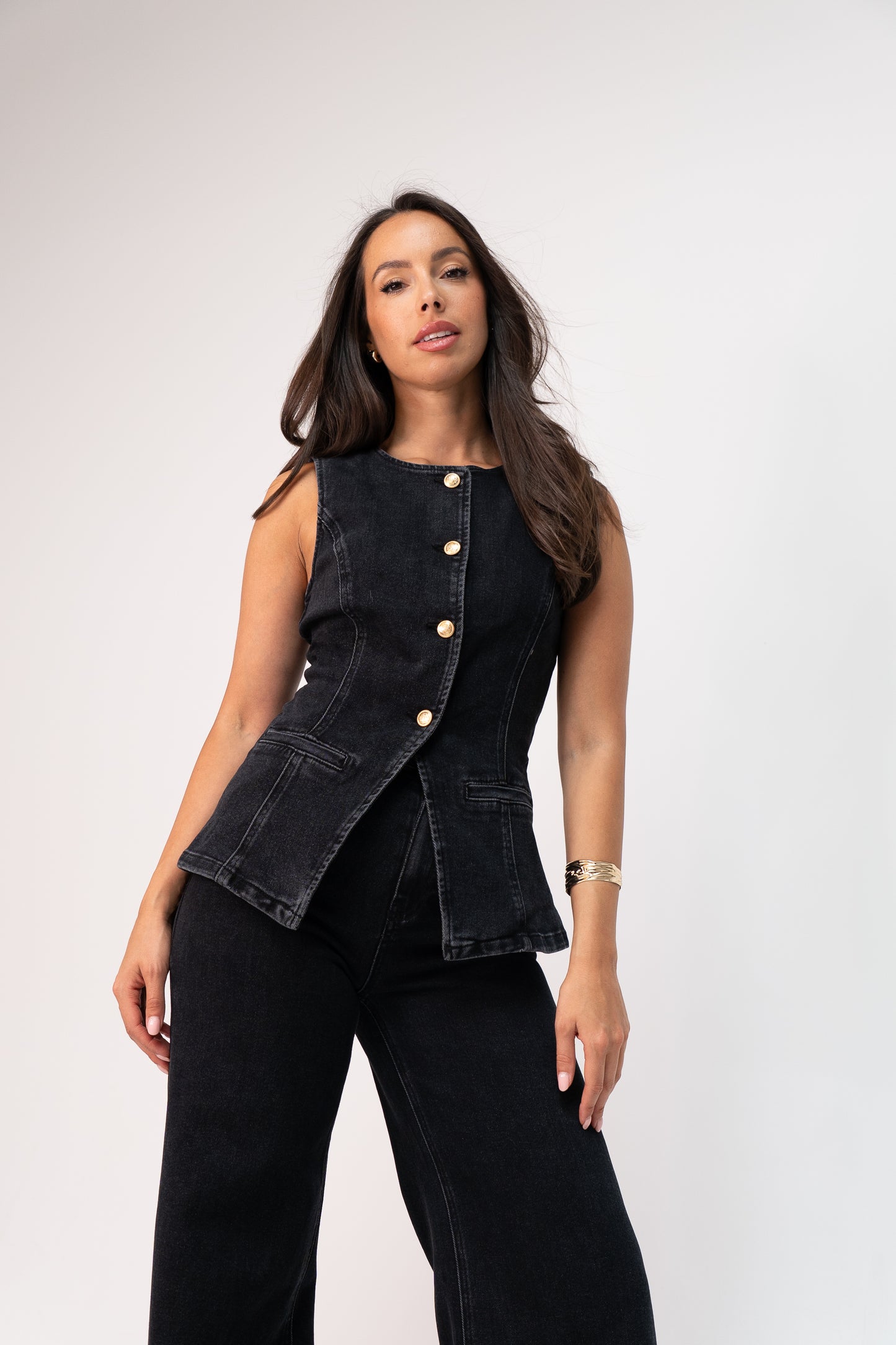 Love Laura Denim Waistcoat In Black Wash