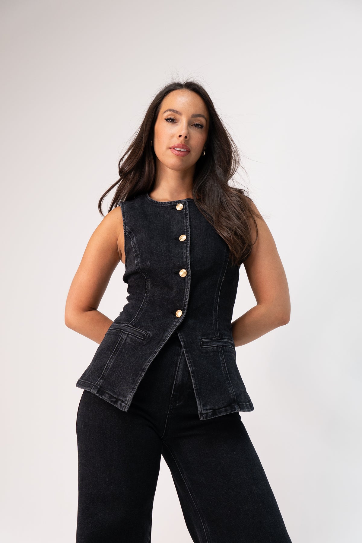 Love Laura Denim Waistcoat In Black Wash