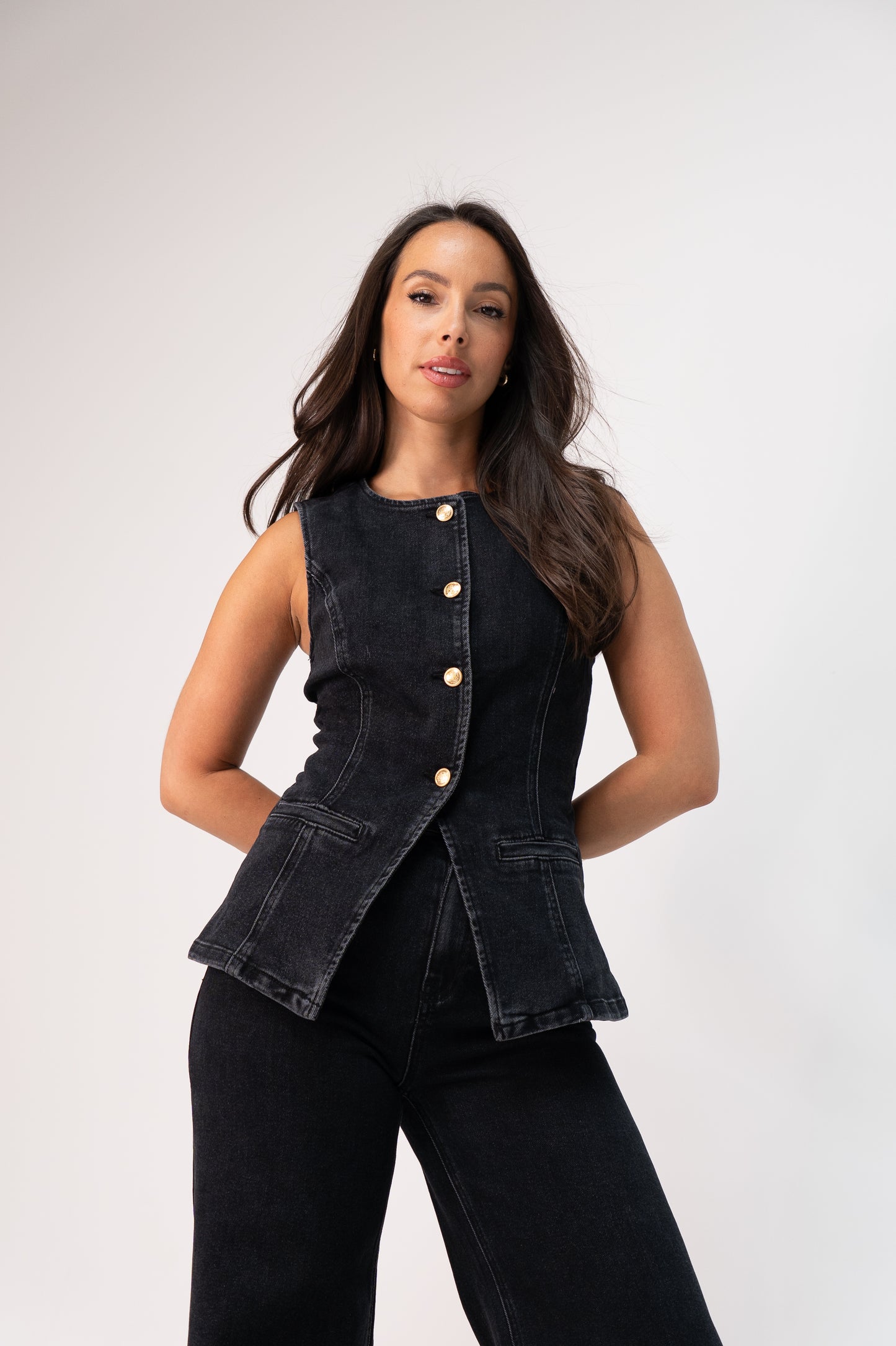 Love Laura Denim Waistcoat In Black Wash