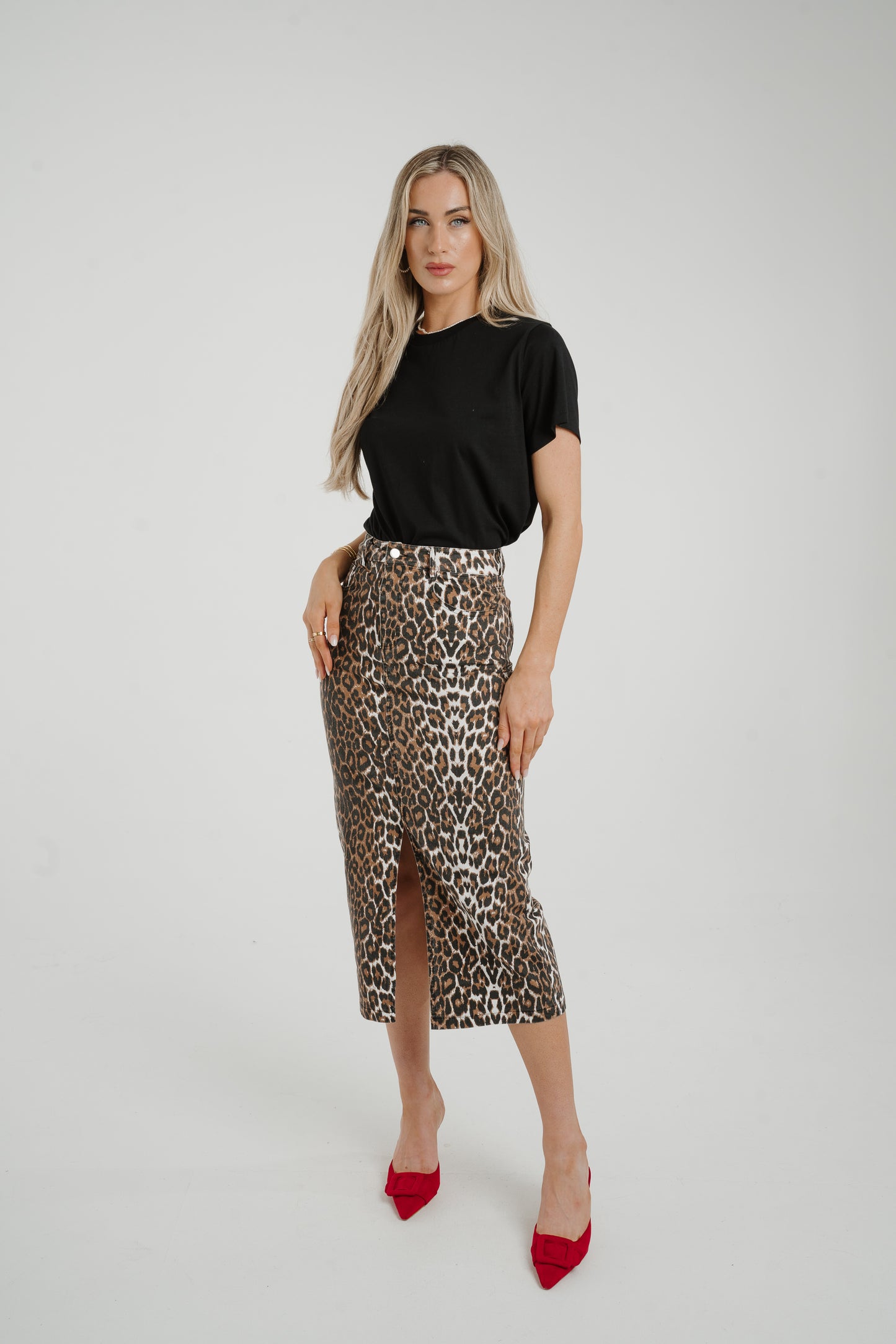 Lynne Denim Midi Skirt In Leopard Print