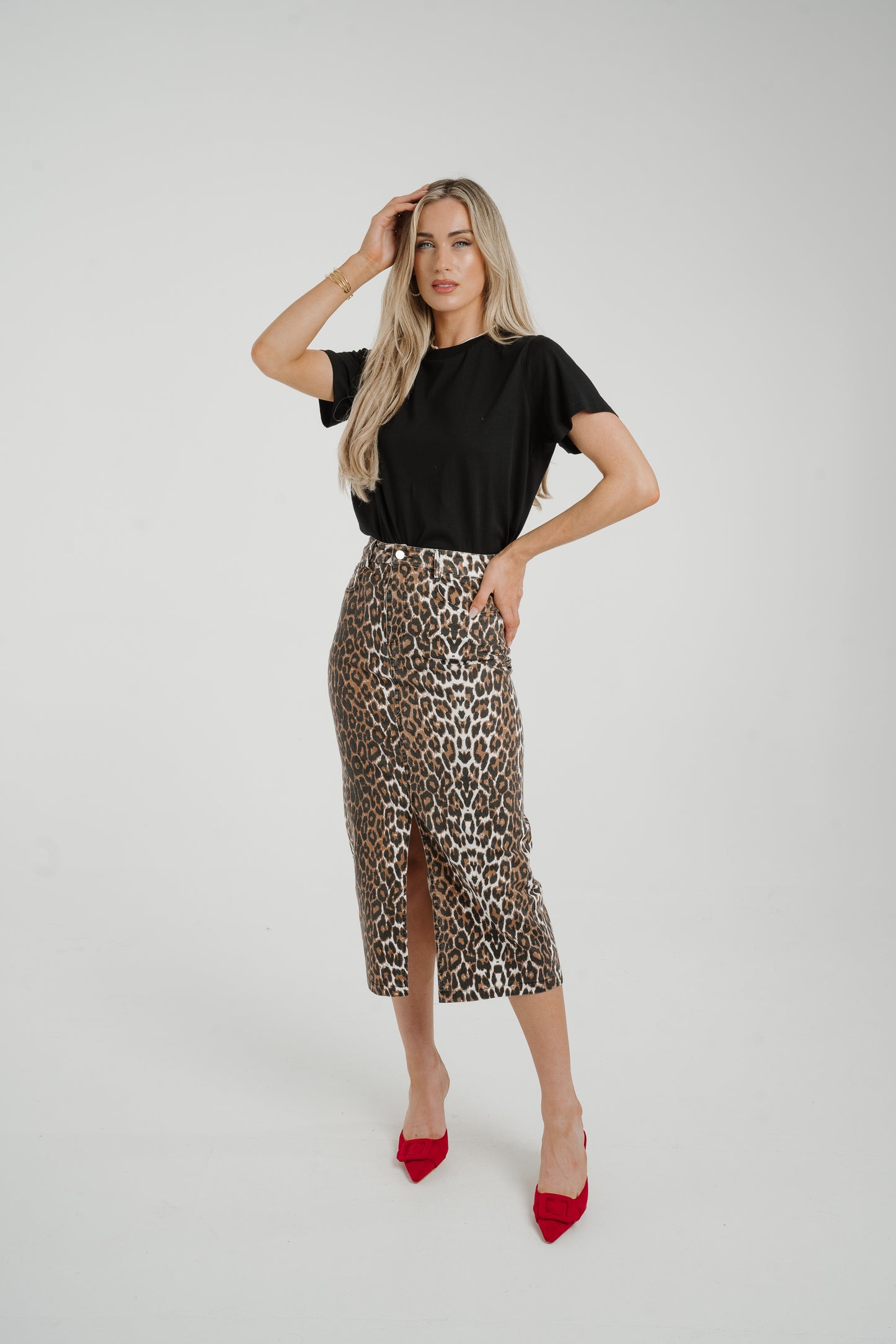 Lynne Denim Midi Skirt In Leopard Print