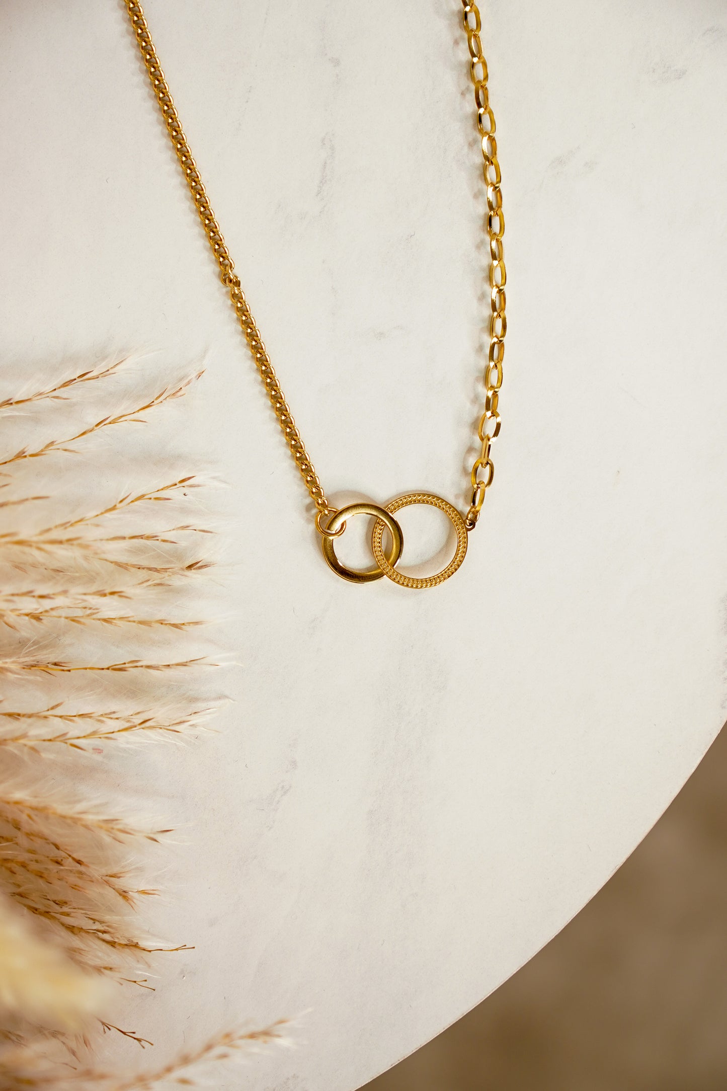 Olive Textured Circle Necklace In Gold