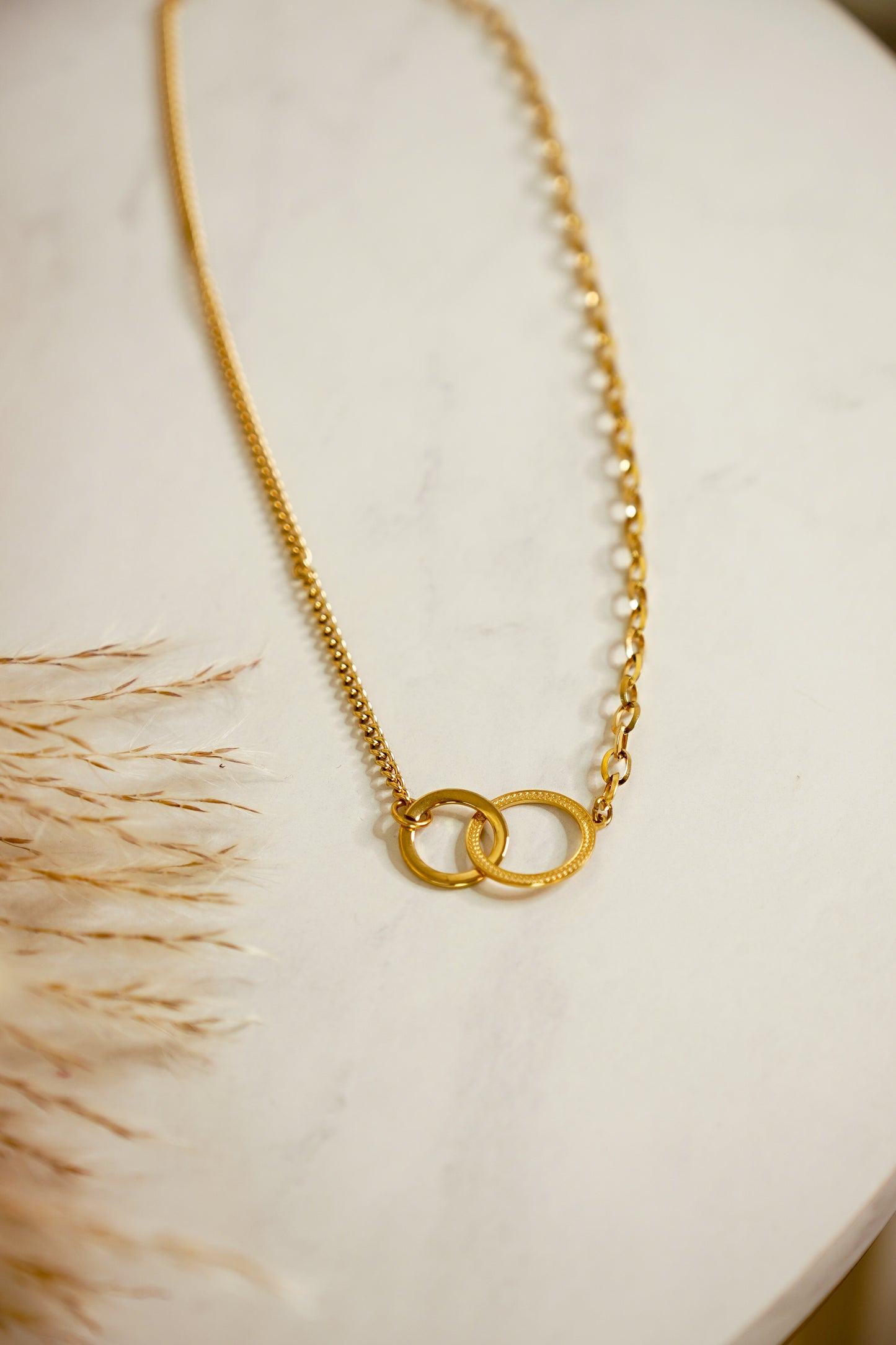 Olive Textured Circle Necklace In Gold