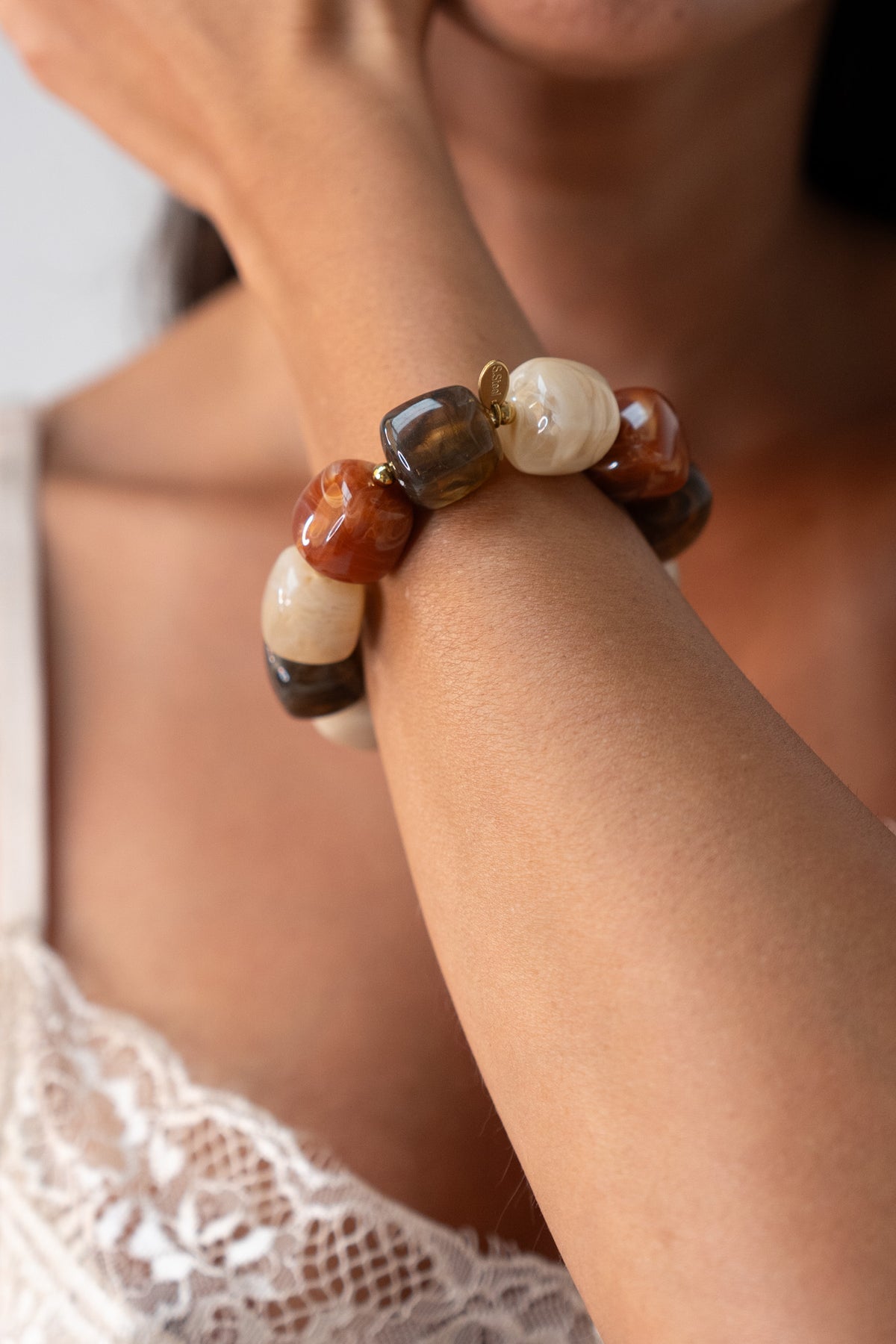 Olive Chunky Beaded Bracelet In Taupe