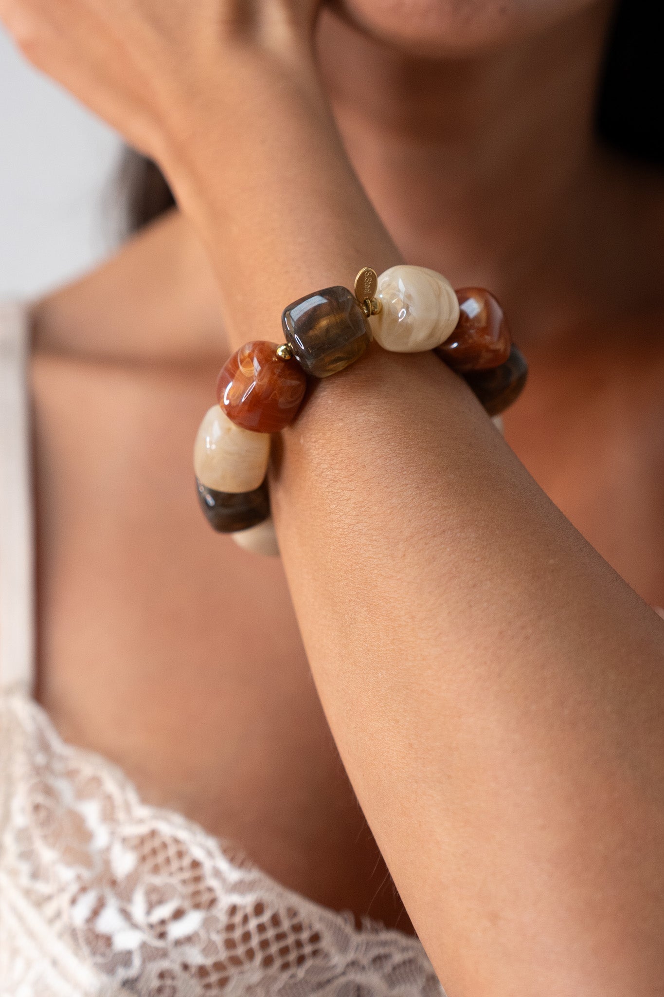 Olive Chunky Beaded Bracelet In Taupe