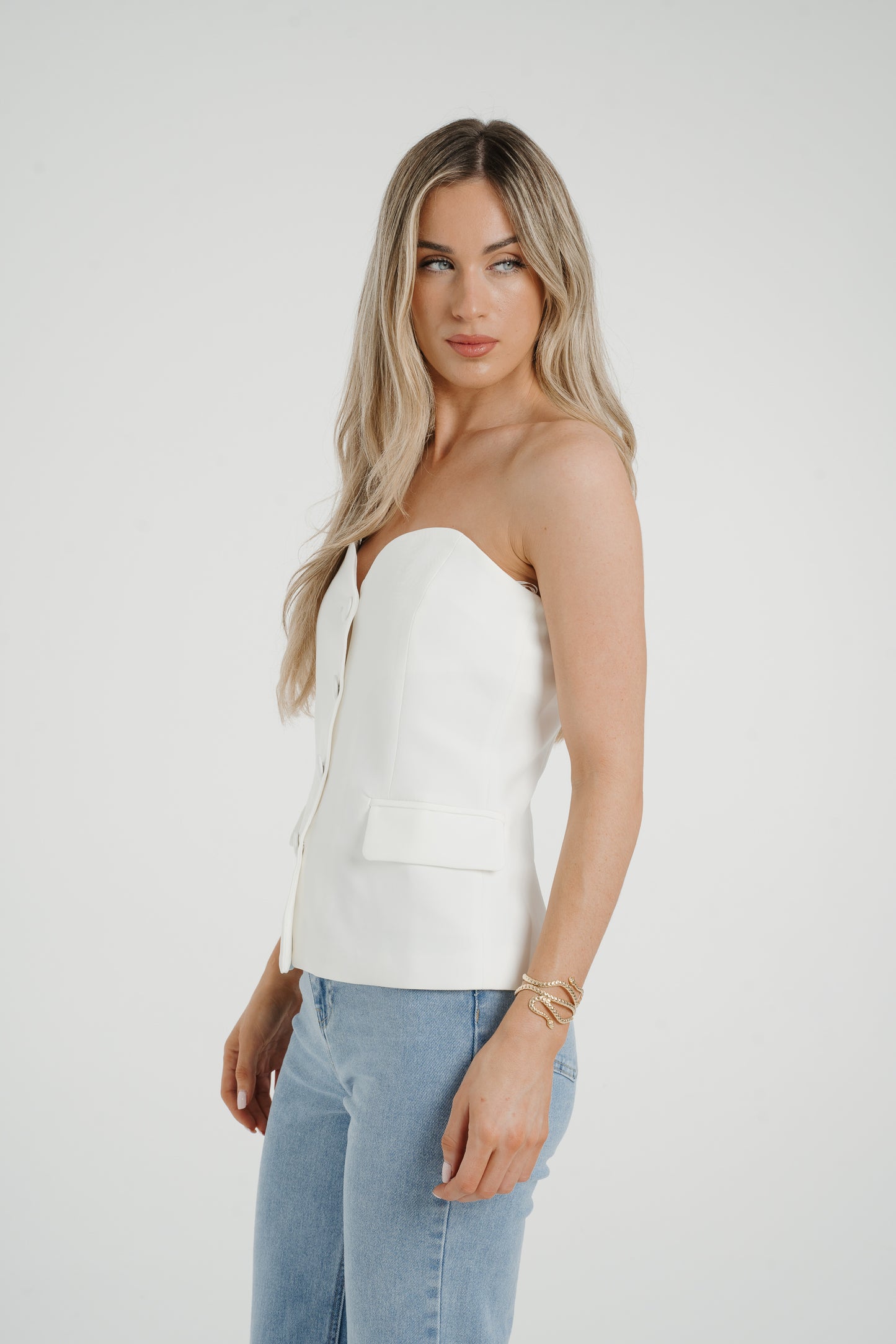 Holly Strapless Button Front Top In White