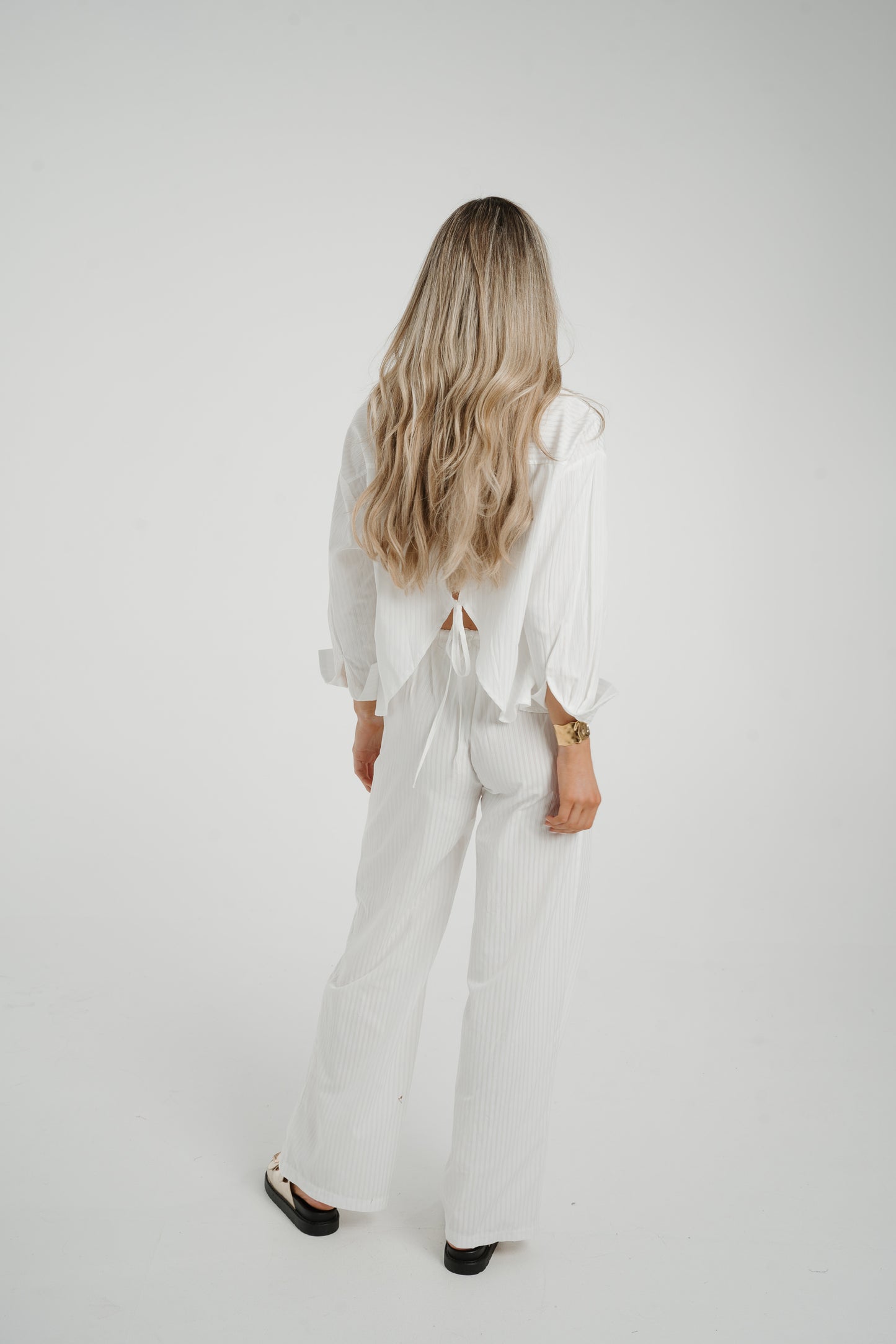 Elsa Tie Waist Pinstripe Trousers In White