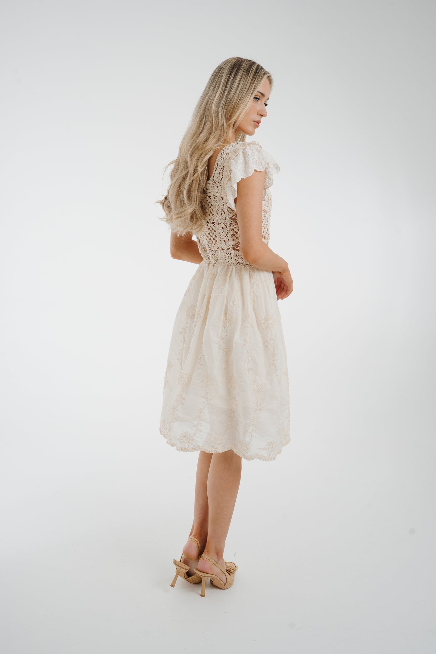 Ally Frill Sleeve Crochet Dress In Cream