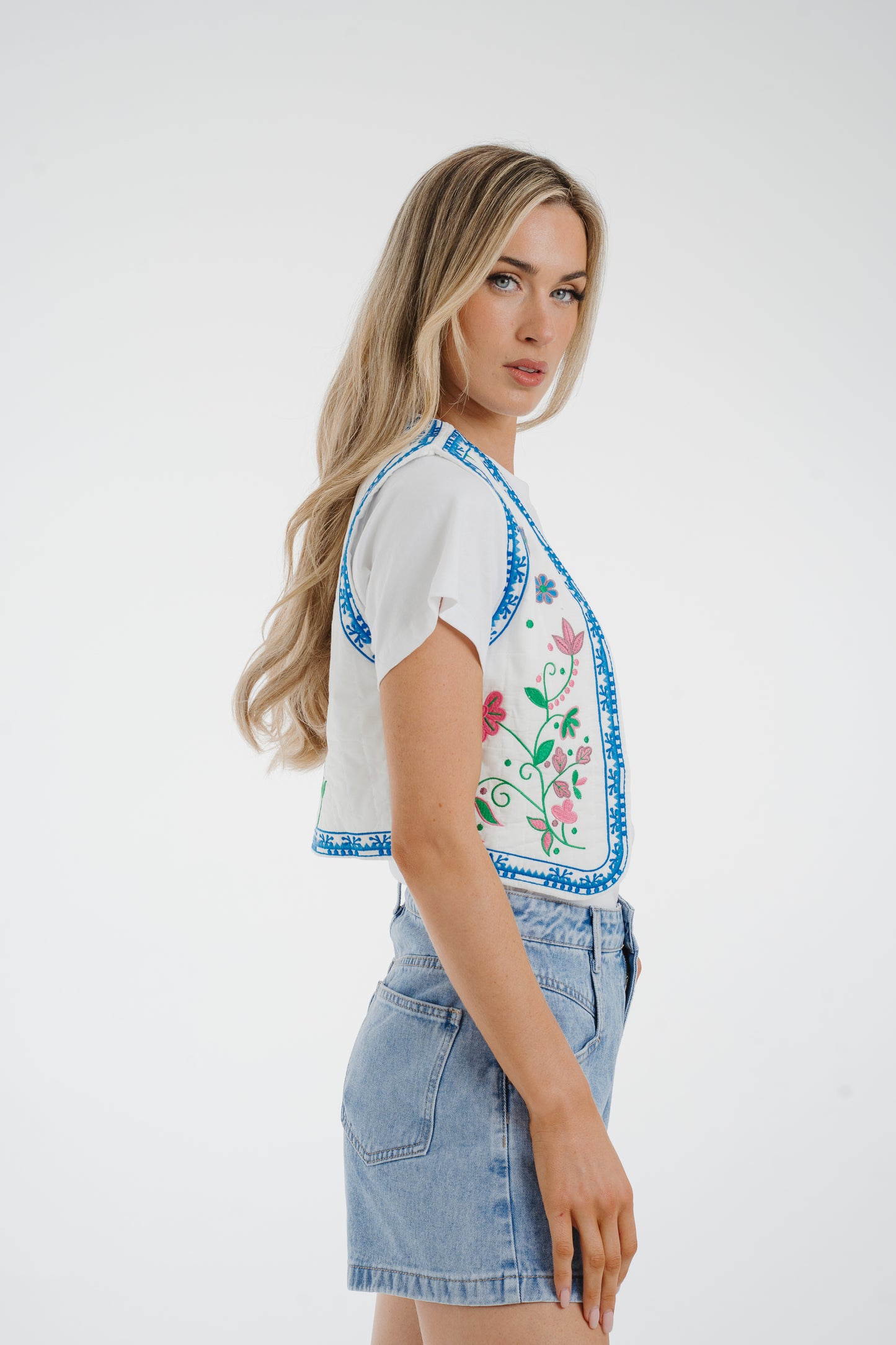 Ella Embroidered Waistcoat In Blue Mix