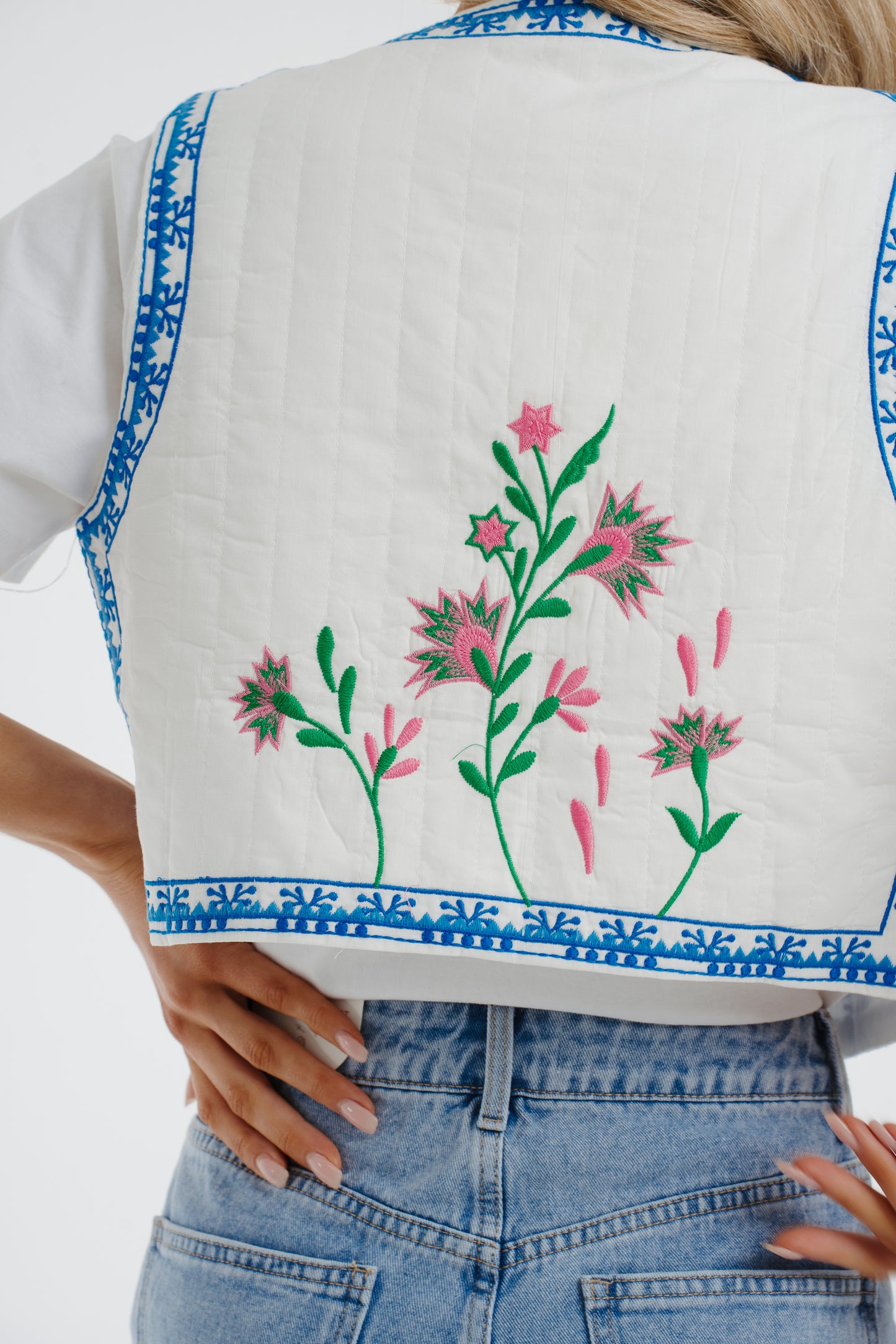 Ella Embroidered Waistcoat In Blue Mix