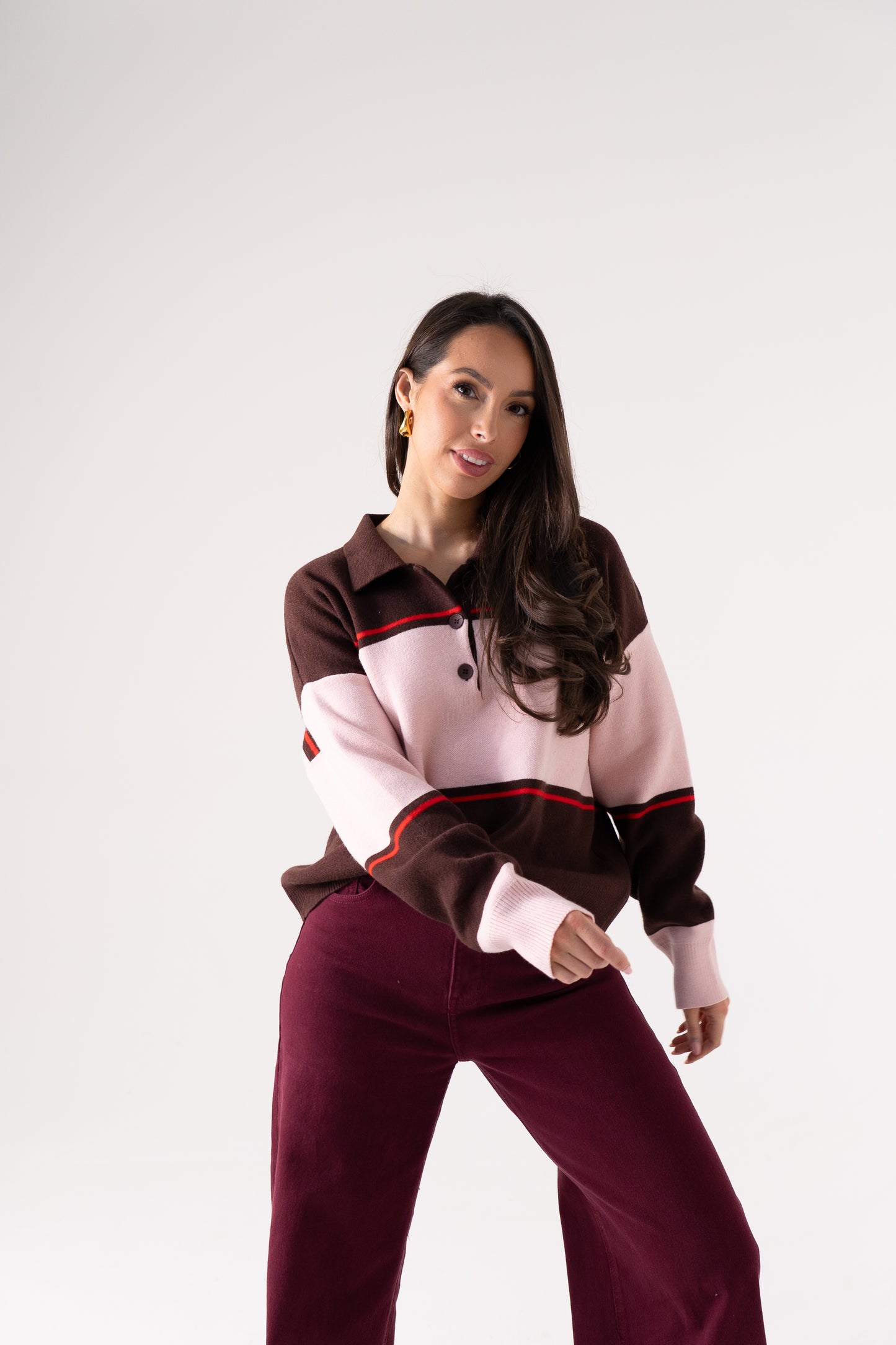 Kendra Rugby Top In Coffee & Pink