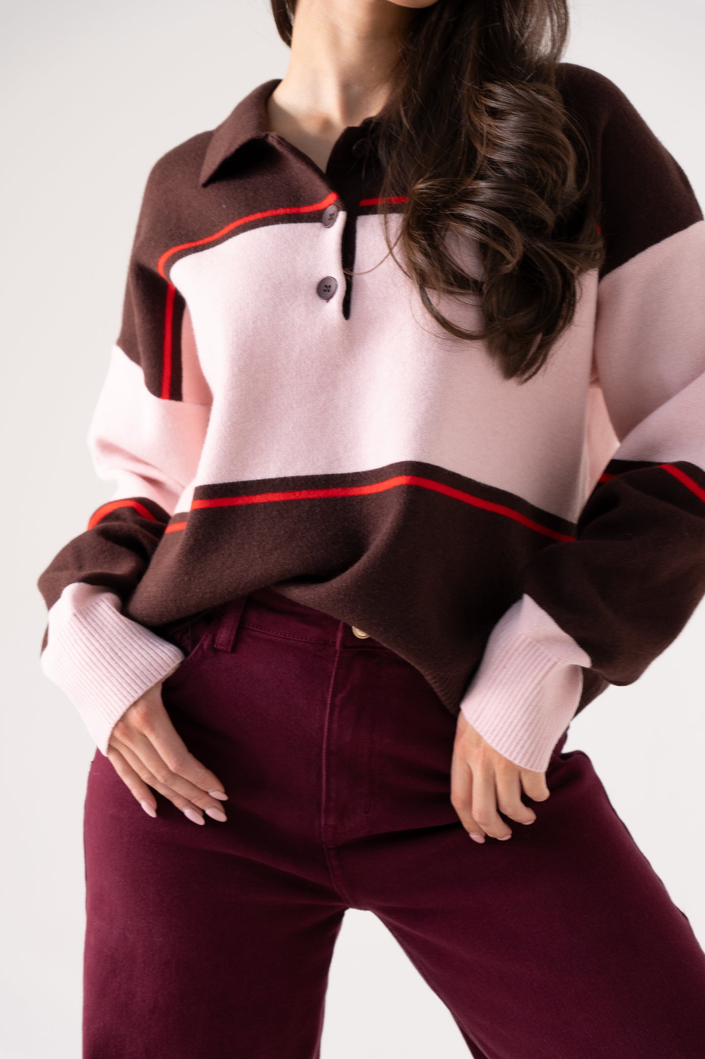 Kendra Rugby Top In Coffee & Pink