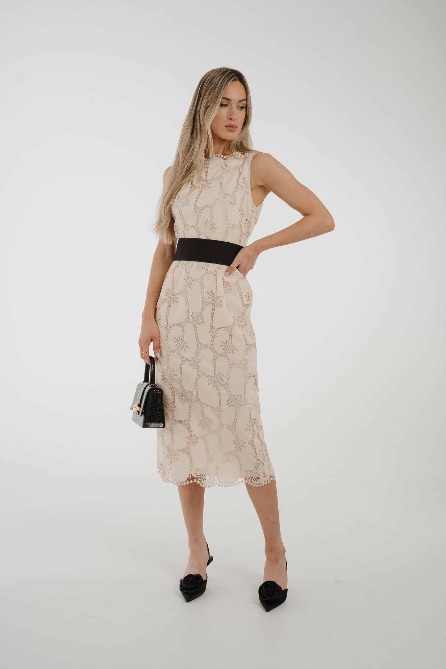 Kayla Embroidered Midi Dress in Neutral
