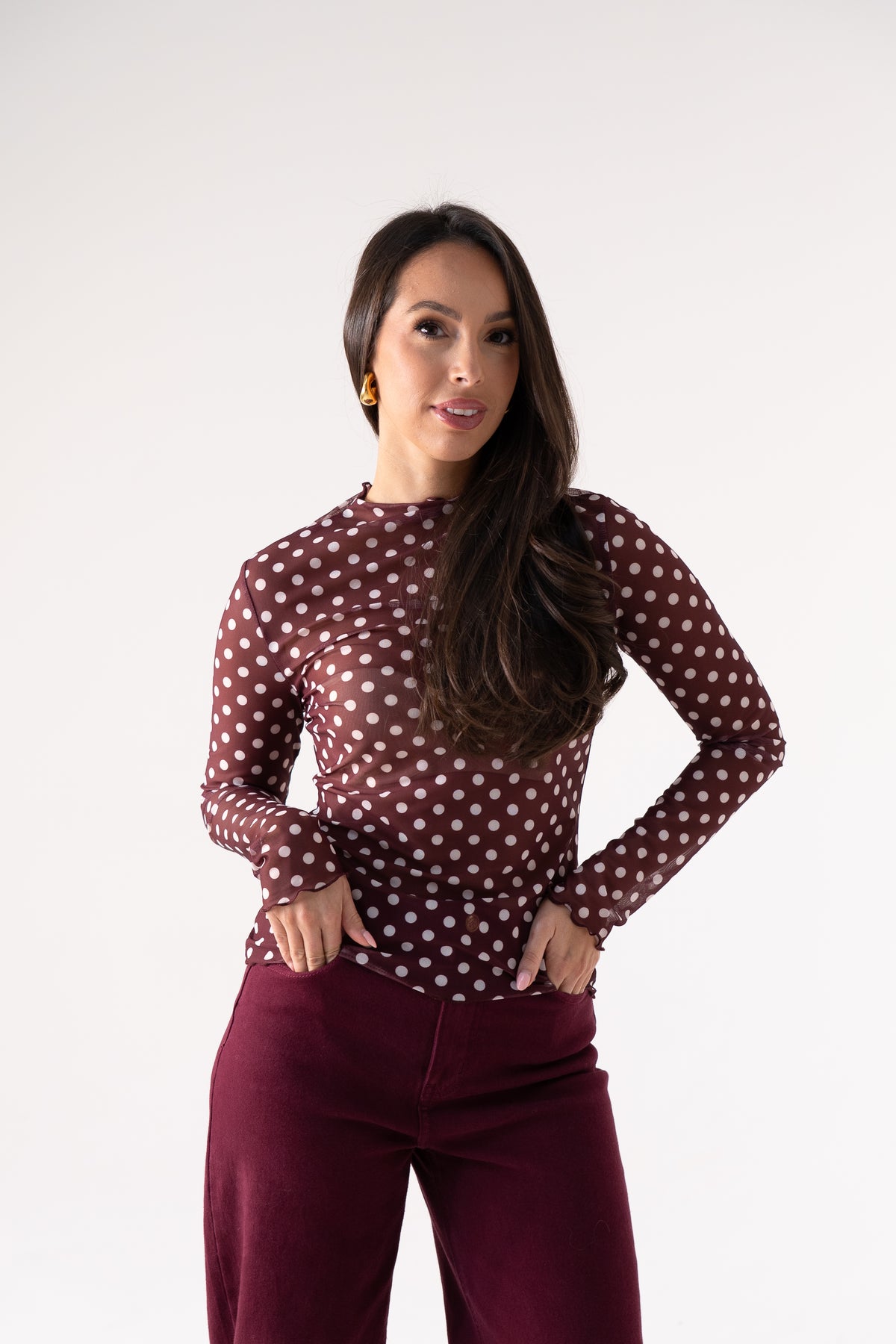 Kendra Polka Dot Top In Burgundy