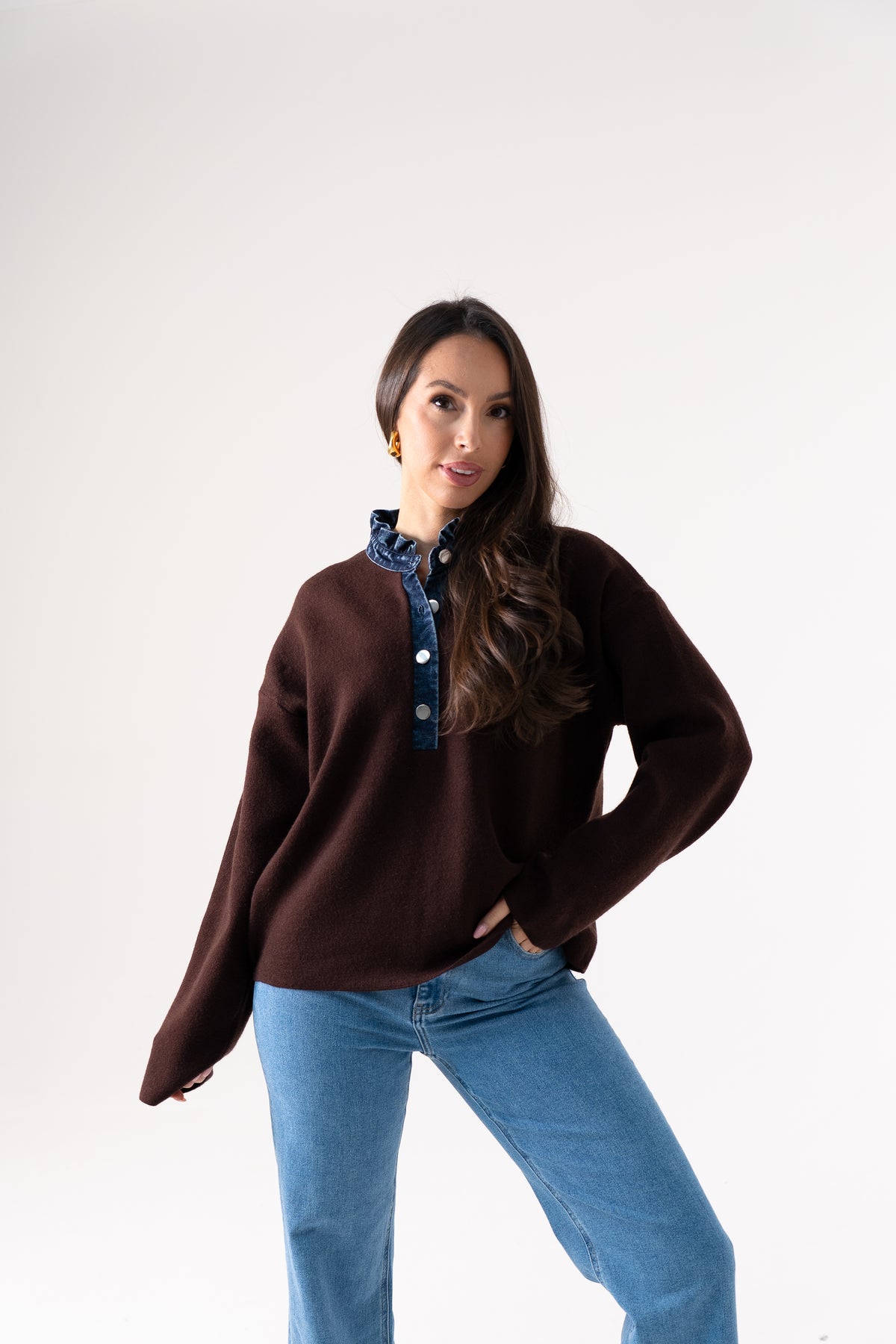 Kendra Denim Collar Jumper In Coffee