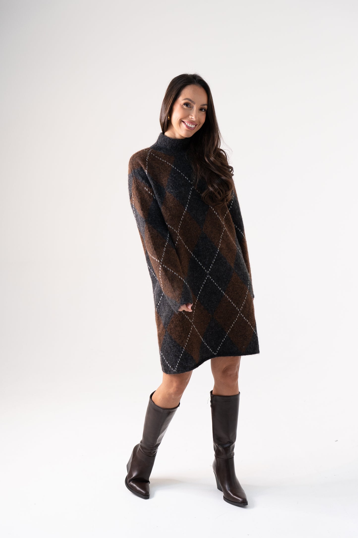 Kendra Diamond Knit Jumper Dress In Grey Mix