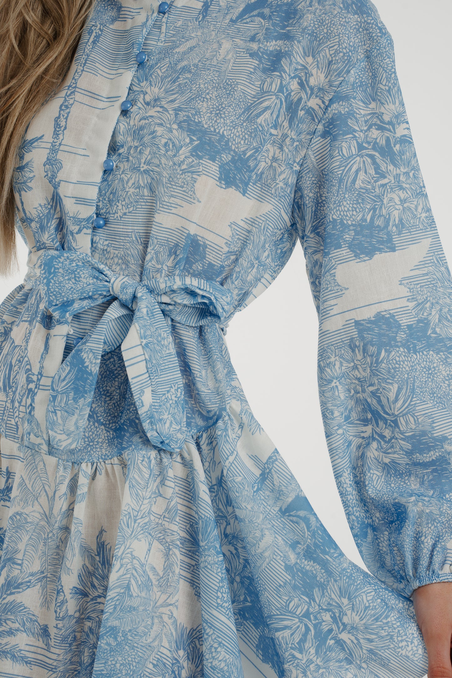 Indie Tie Waist Shirt Dress In Blue Print