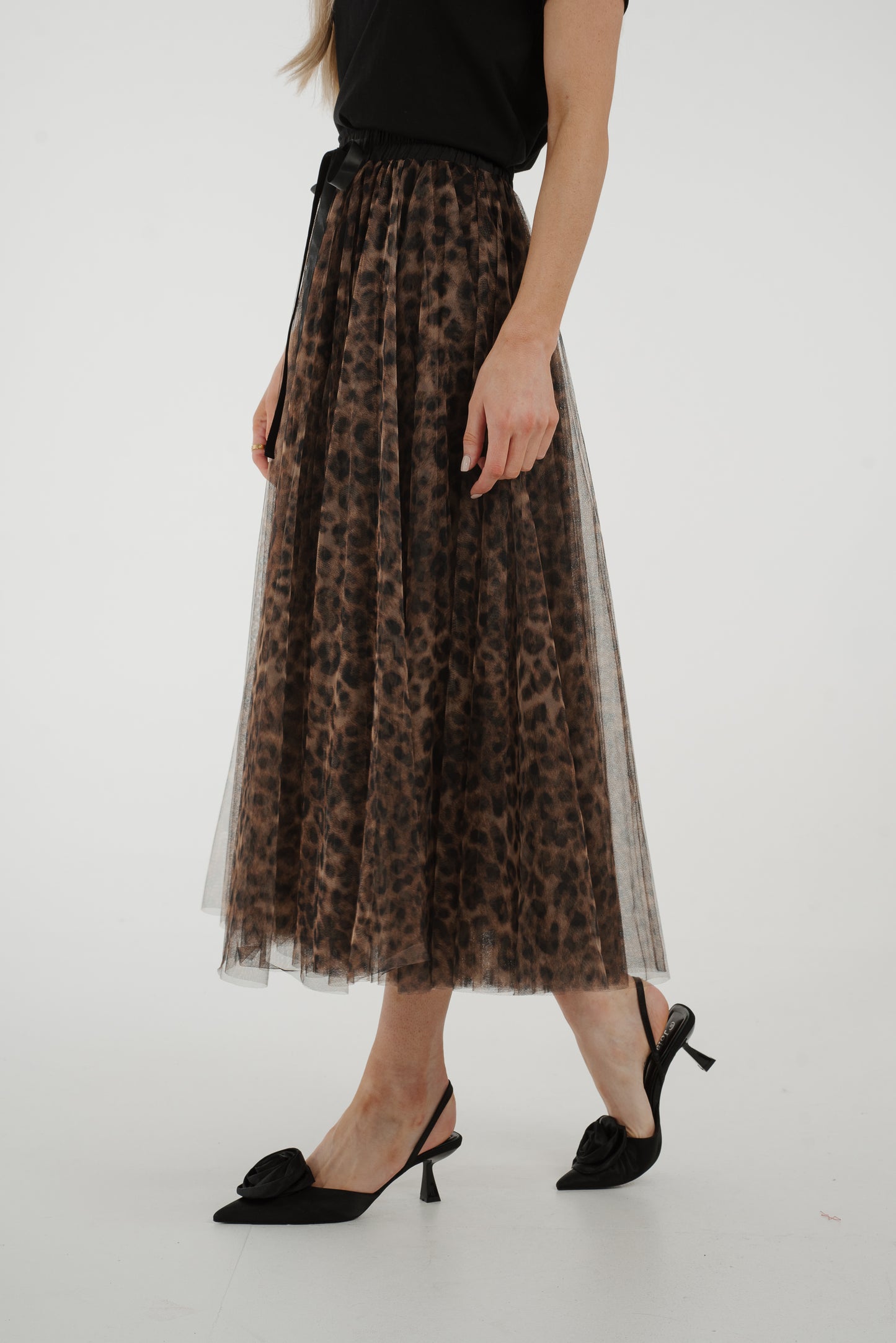 Polly Tulle Midi Skirt In Leopard Print