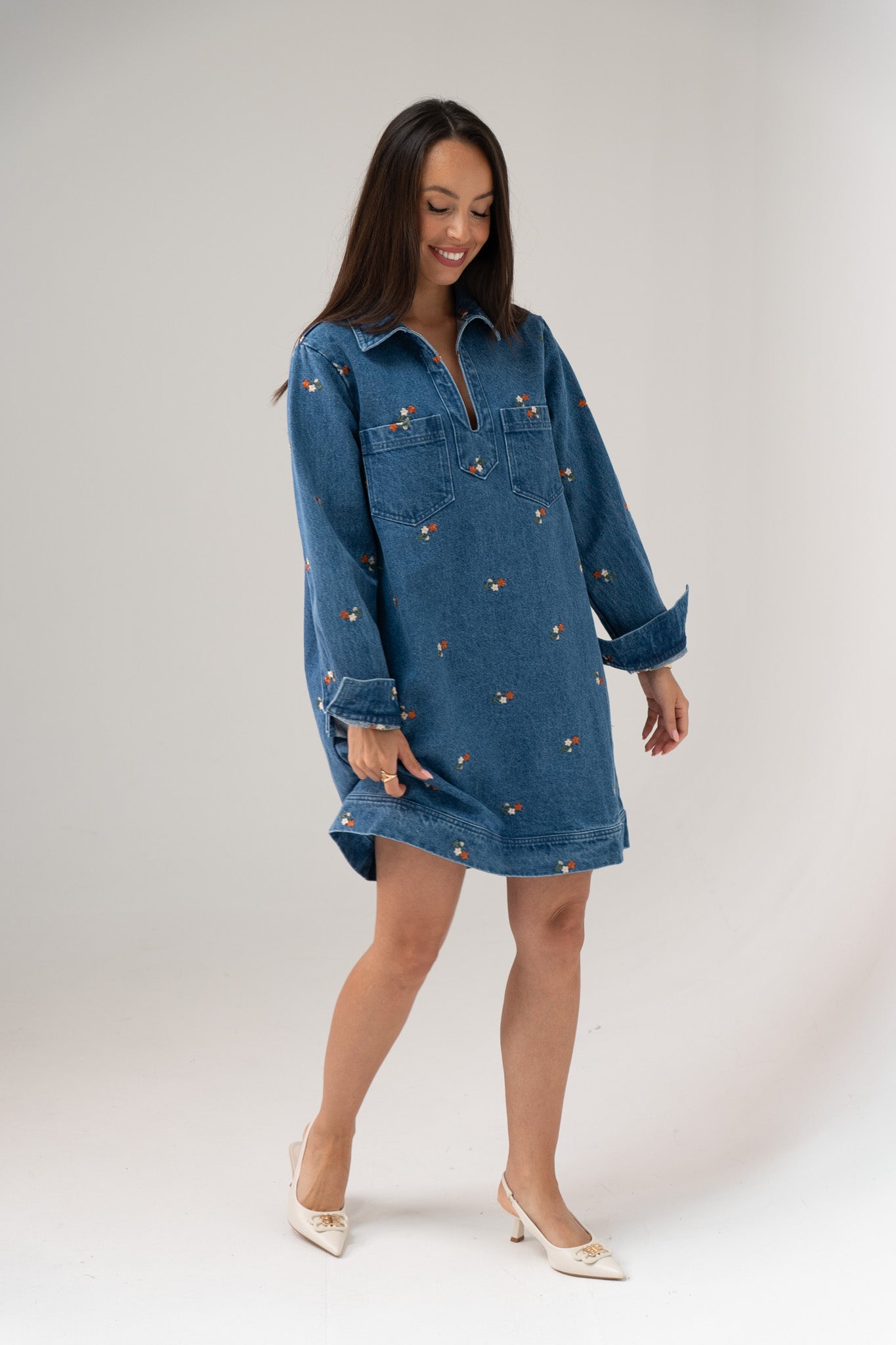 Daisy Floral Denim Shirt Dress In Mid Wash