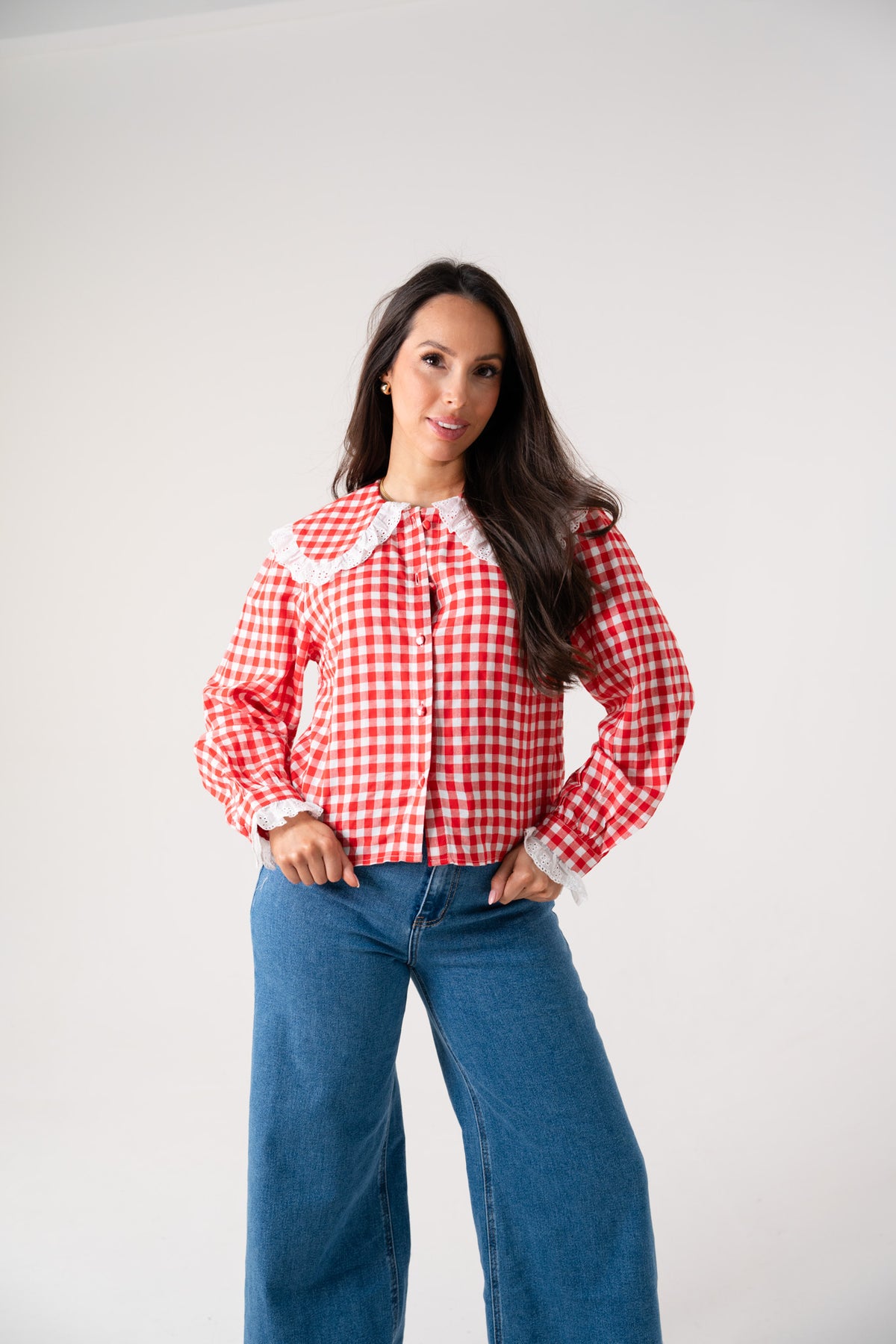 Daisy Frill Collar Gingham Shirt In Red