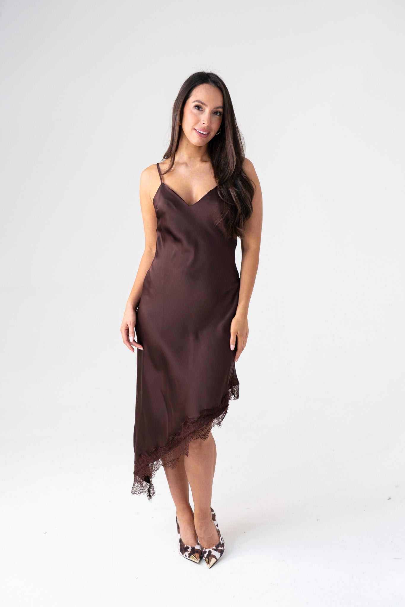 Ella Asymmetric Lace Trim Cami Dress In Brown