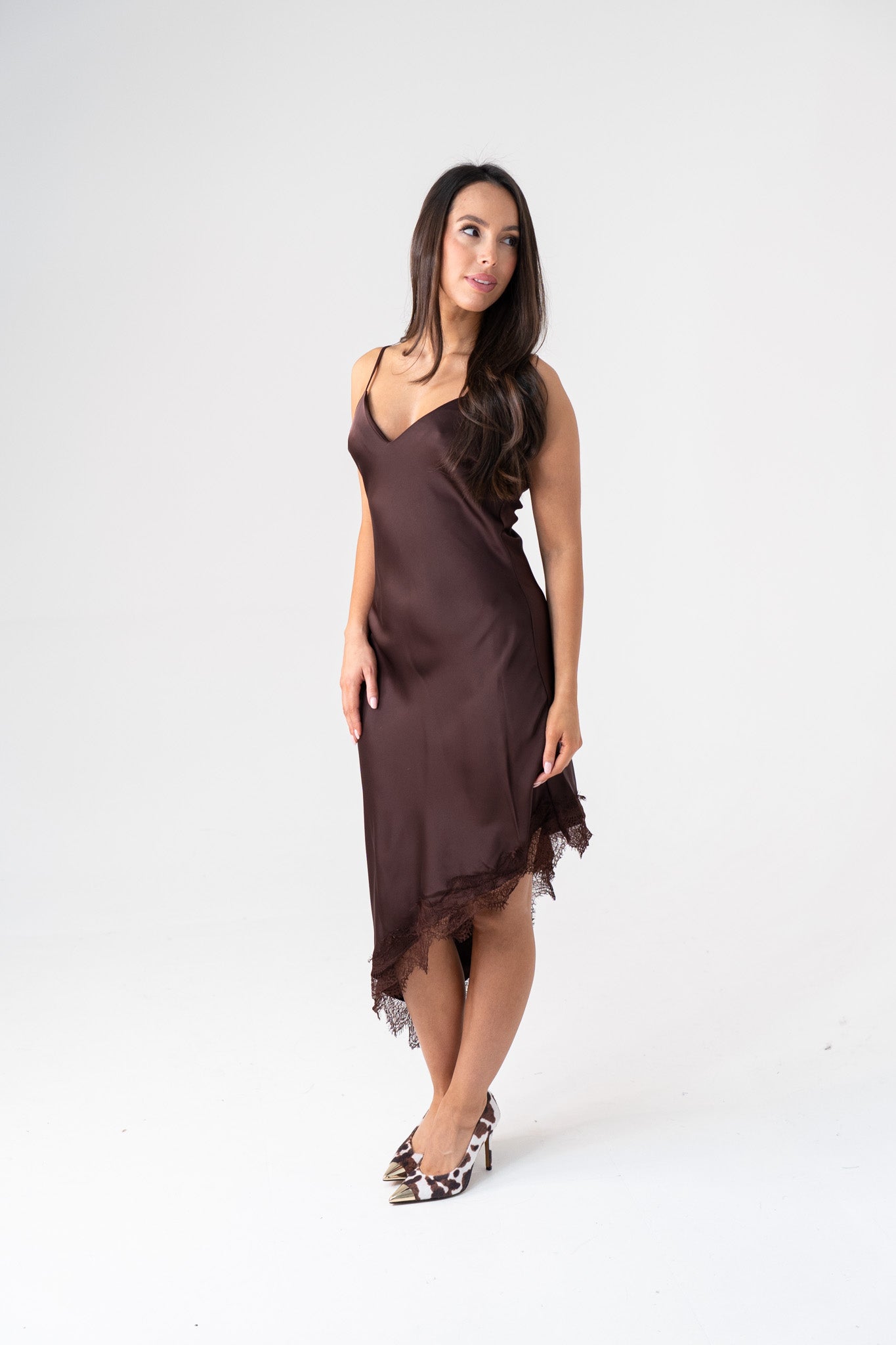 Ella Asymmetric Lace Trim Cami Dress In Brown