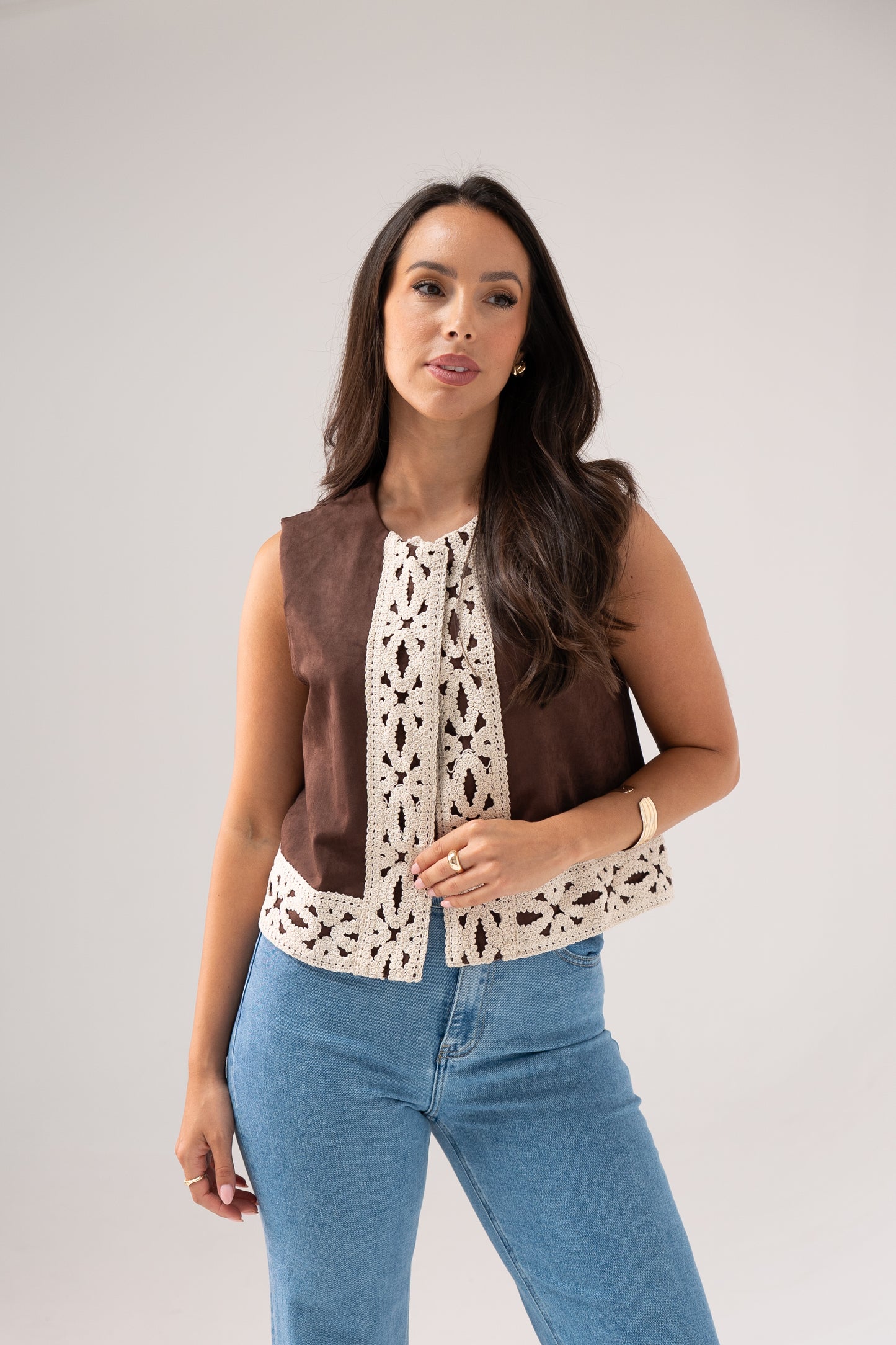 Ella Crochet Edge Waistcoat In Chocolate