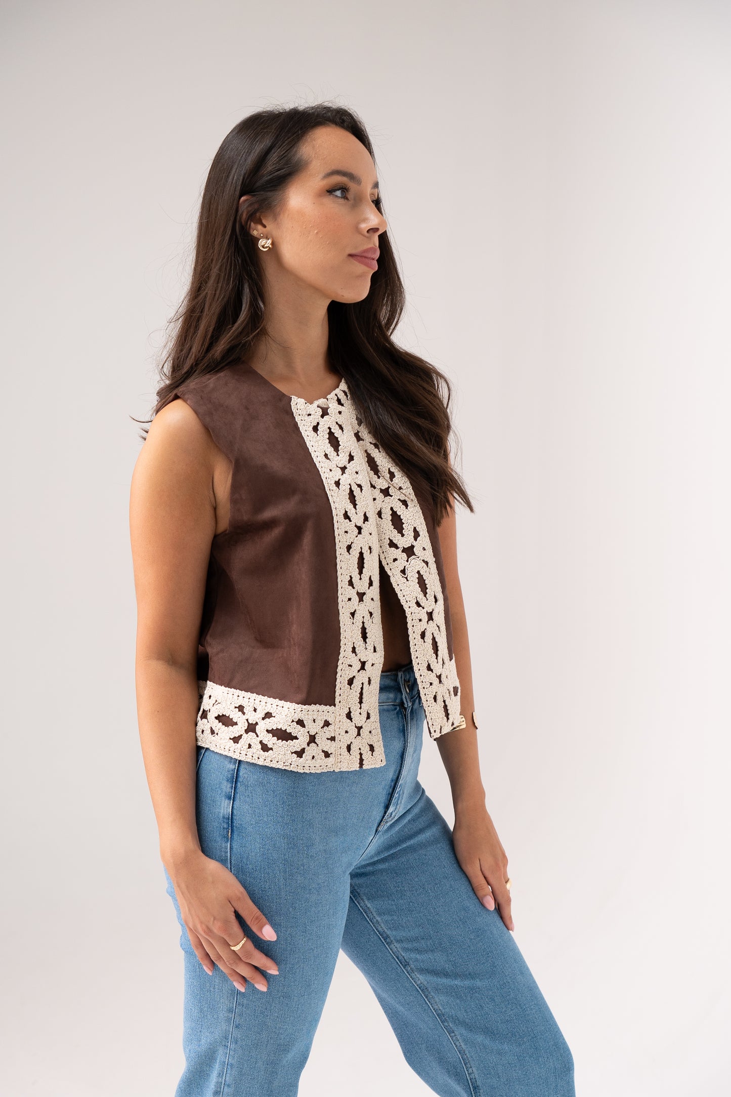 Ella Crochet Edge Waistcoat In Chocolate