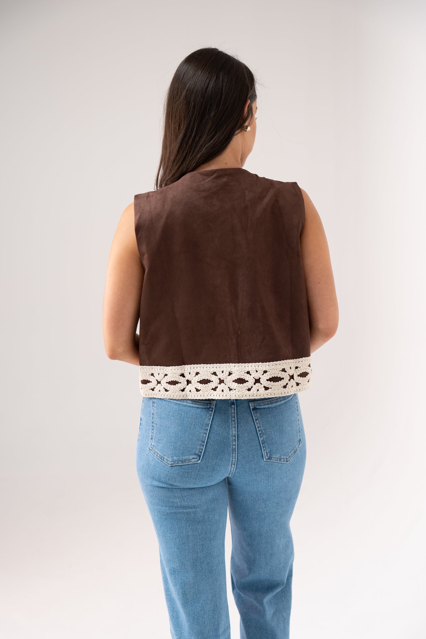 Ella Crochet Edge Waistcoat In Chocolate