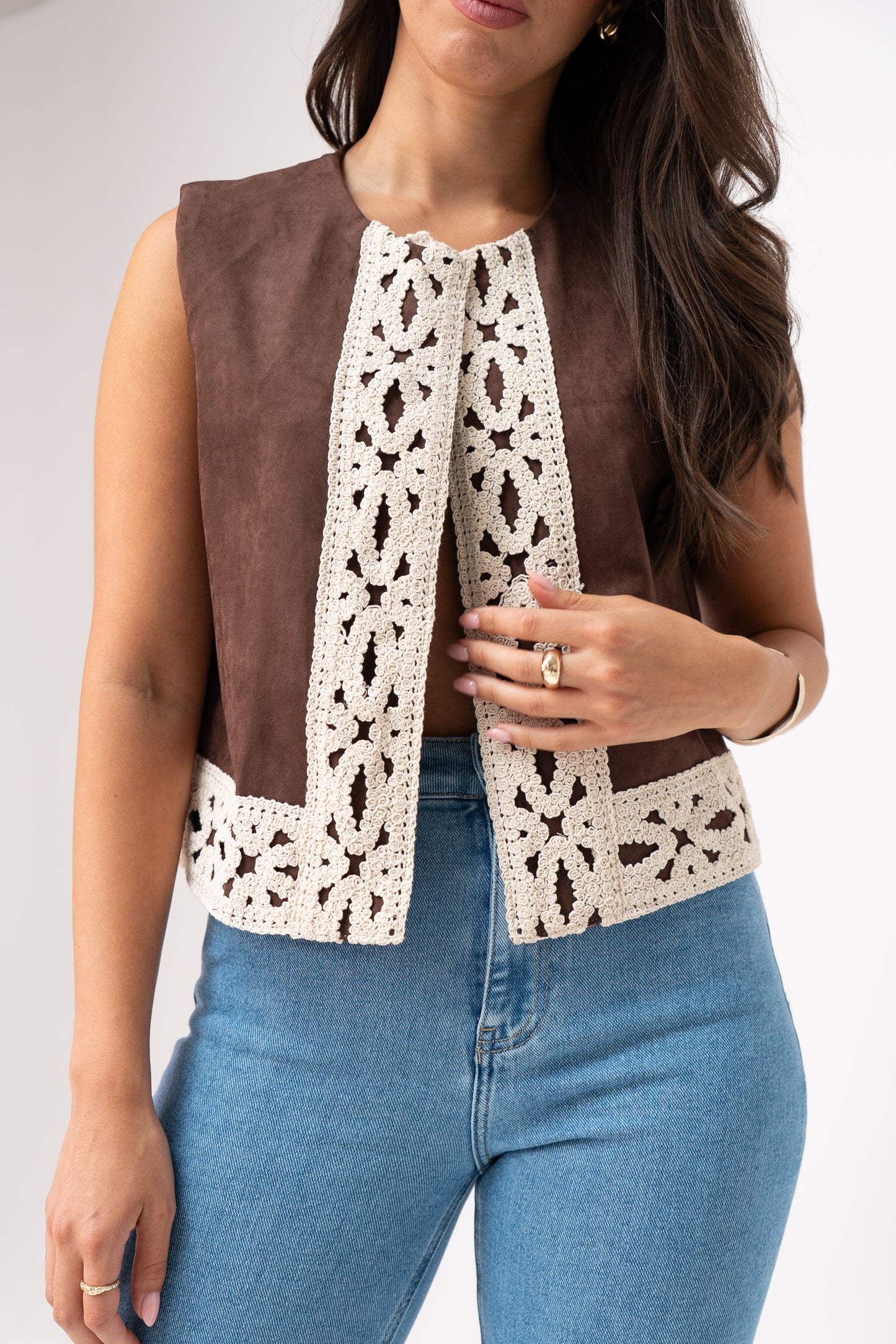 Ella Crochet Edge Waistcoat In Chocolate