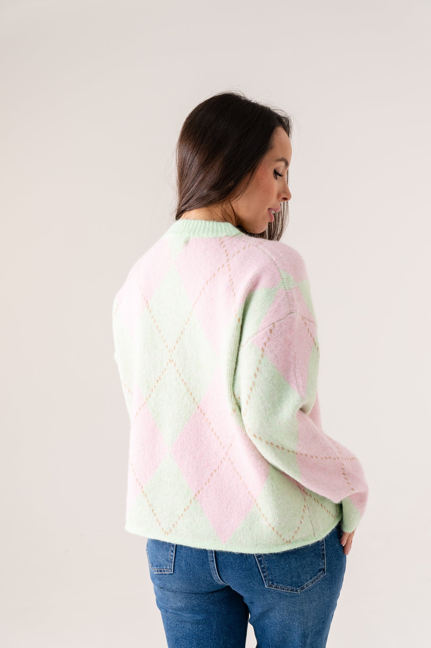 Ella Diamond Knit Jumper In Green Mix