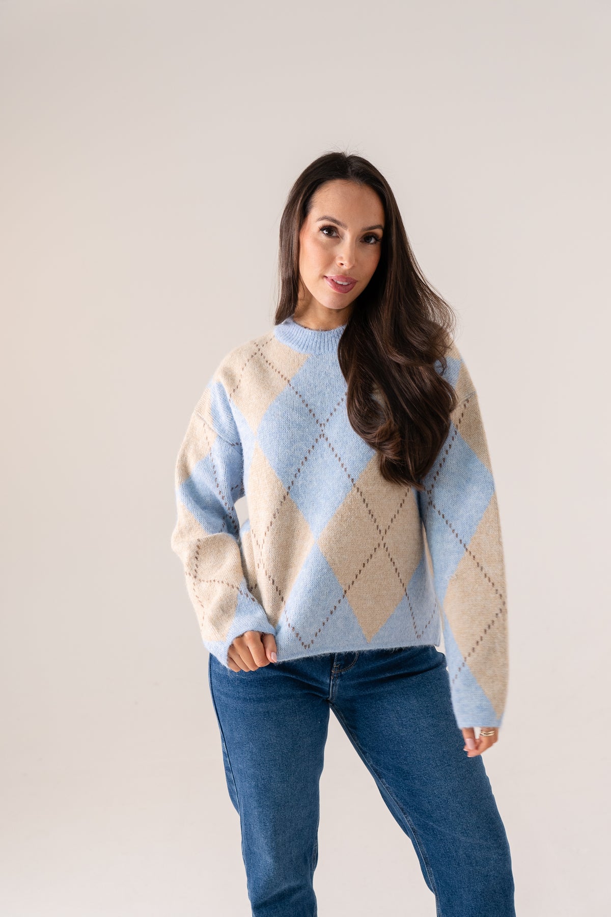 Ella Diamond Knit Jumper In Sky Blue Mix