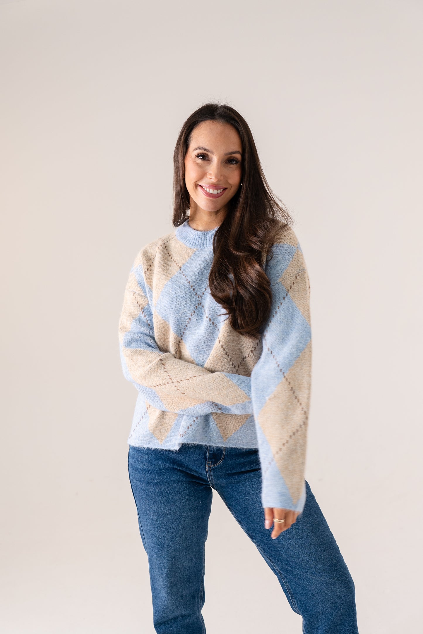Ella Diamond Knit Jumper In Sky Blue Mix